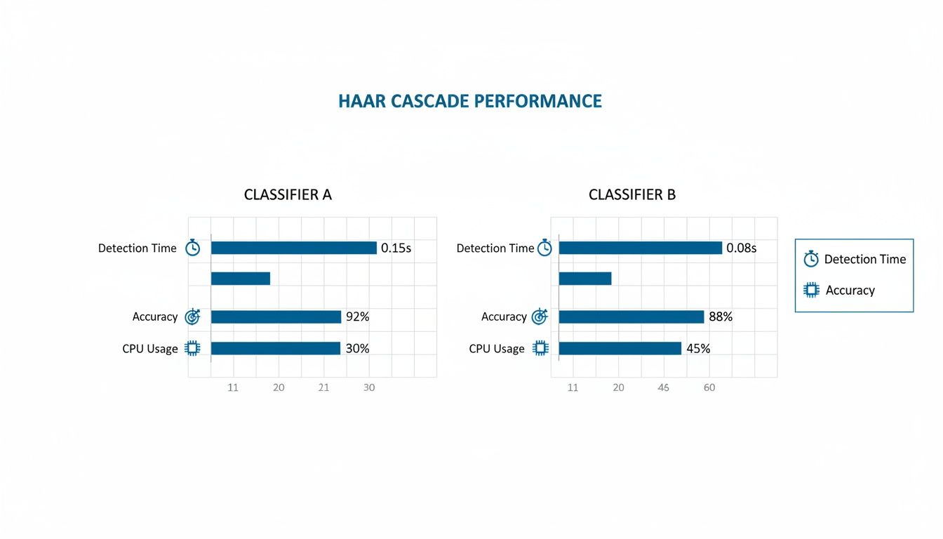 Bar charts display Haar Cascade Classifier A and B performance metrics: detection time, accuracy, and CPU usage.