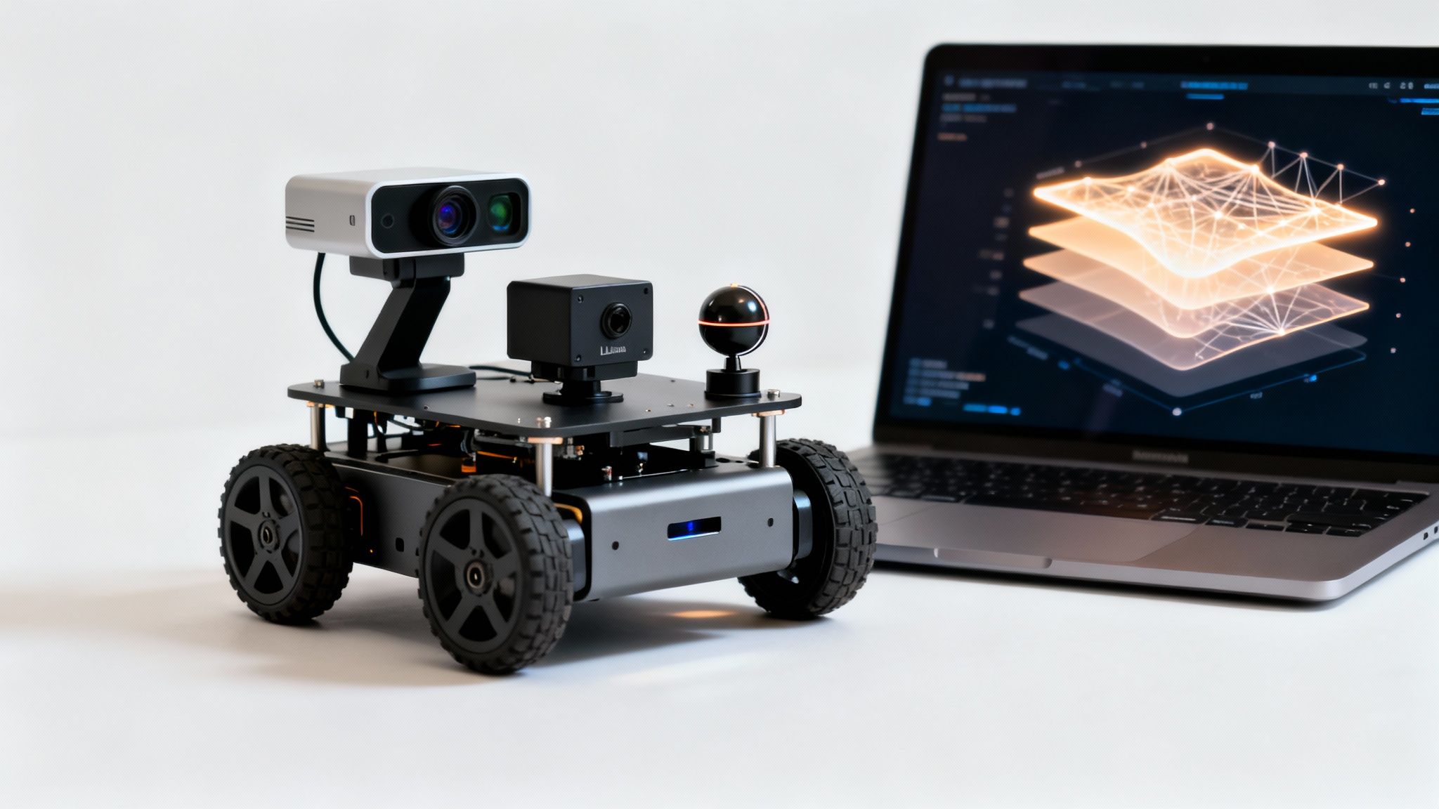 Mobile robot equipped with advanced computer vision sensors, next to a laptop displaying AI data processing.