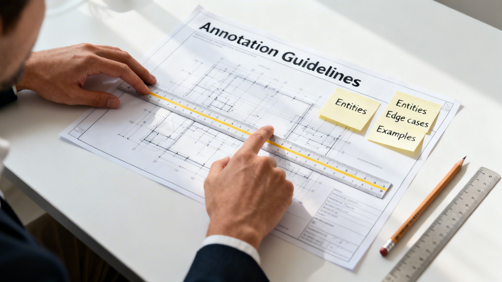 A person's hands measure a blueprint labeled 'Annotation Guidelines' with sticky notes about entities and edge cases.