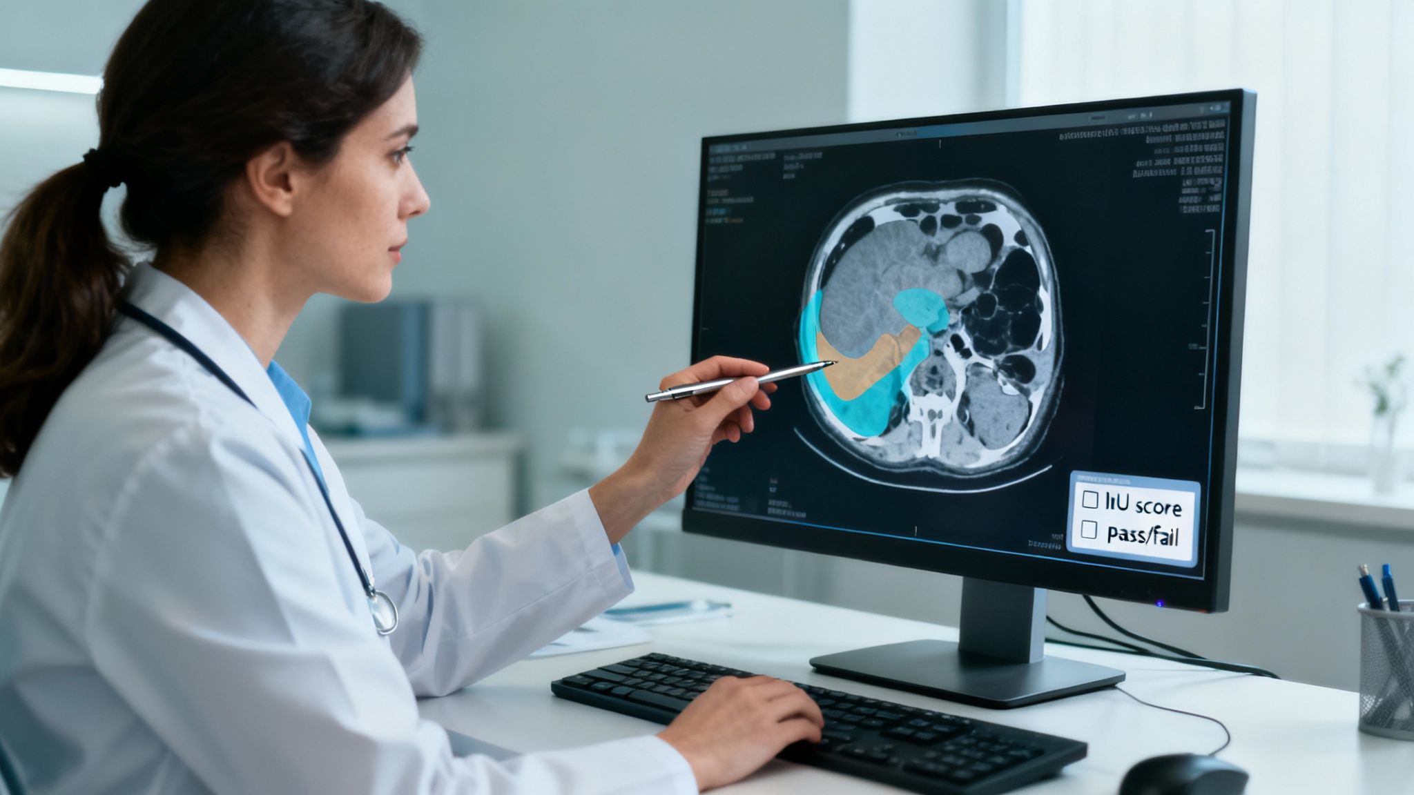 A quality assurance specialist reviewing annotated images on a large monitor, with data dashboards in the background.