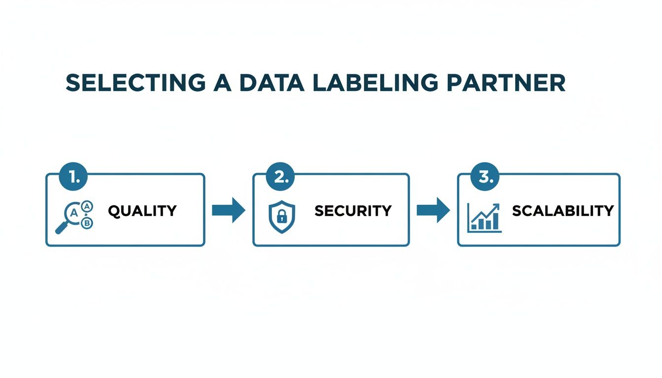 Key considerations for choosing a data labeling partner: Quality, Security, and Scalability are highlighted.