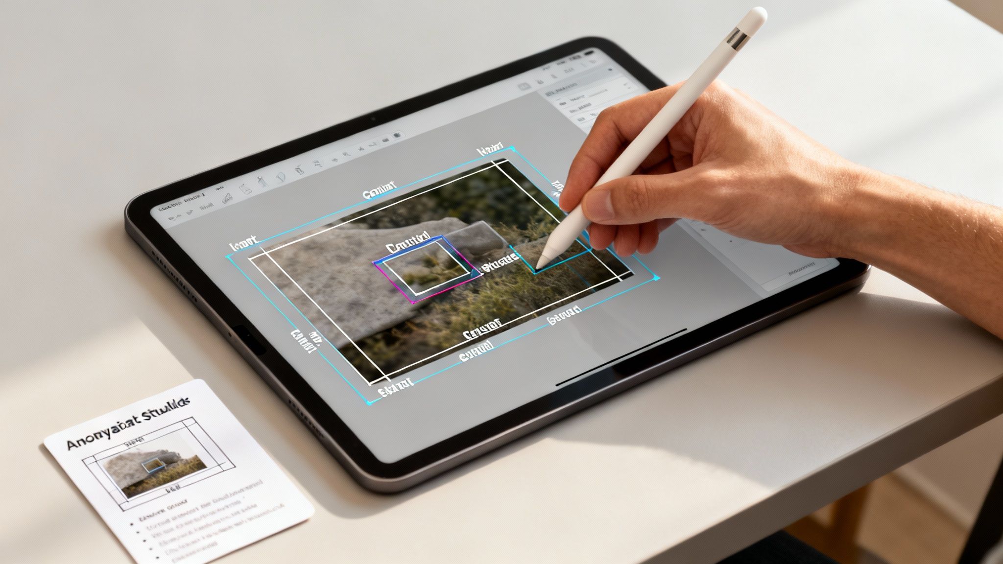 Person uses a stylus on a tablet, annotating an image of rocks for AI training.