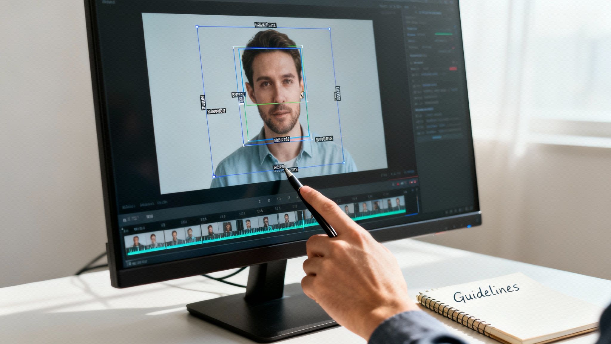 Hand pointing at a monitor with video labeling software, showing bounding boxes on a man's face.