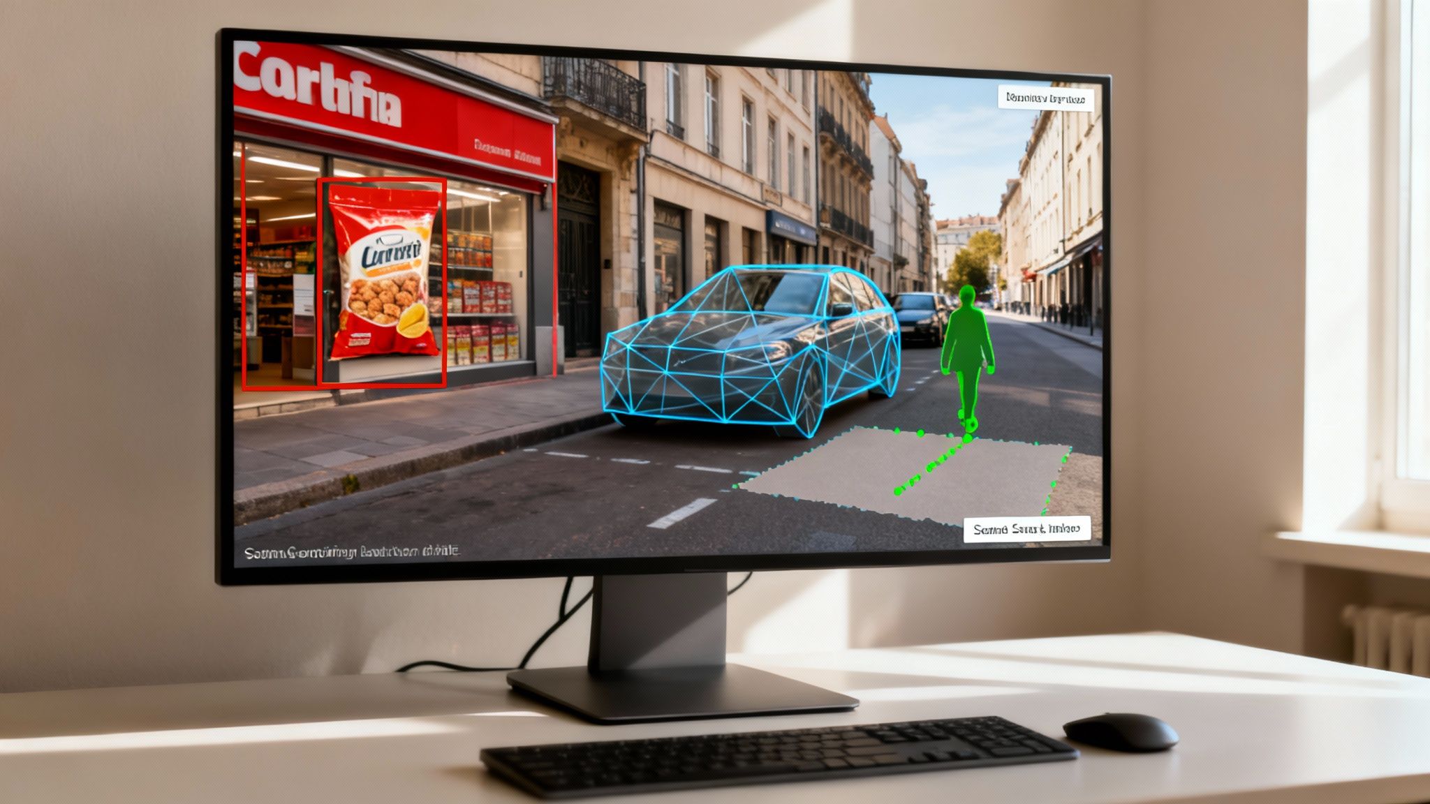 A monitor on a desk displaying a street scene with various digital annotations, including a product, a car, and a person.