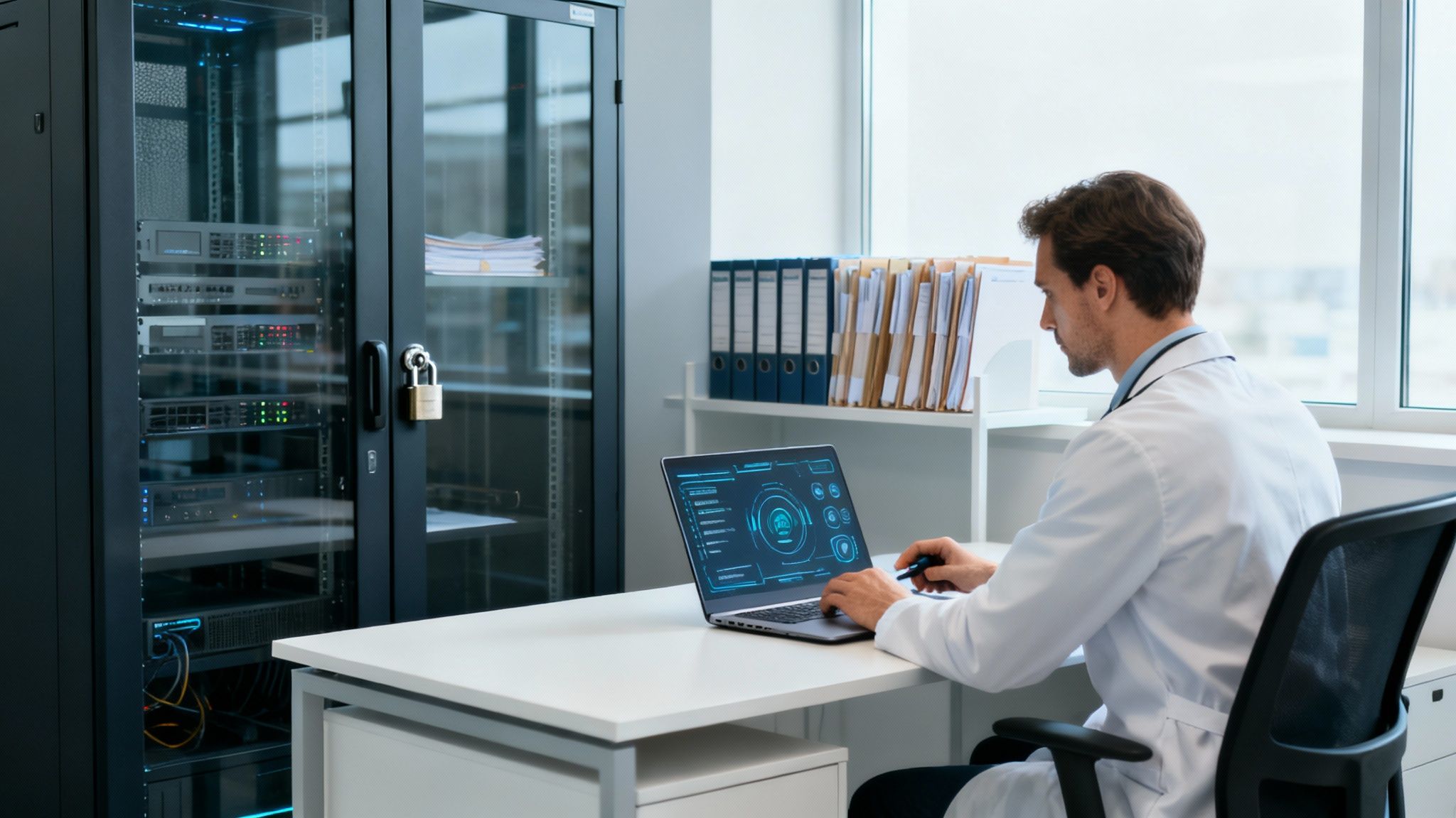 A doctor in a white coat works on a laptop with data graphics in a healthcare IT office.