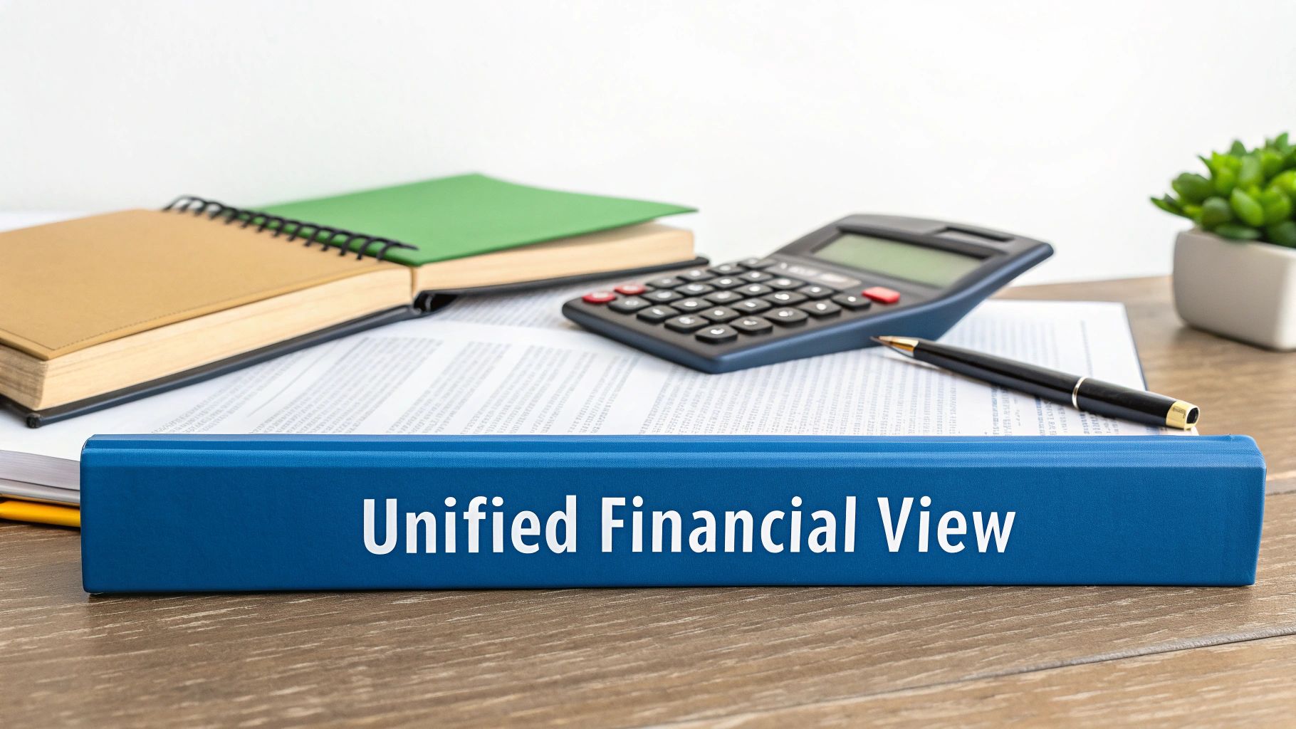 A desk setup with a blue folder labeled 'Unified Financial View,' calculator, notebooks, and pen.