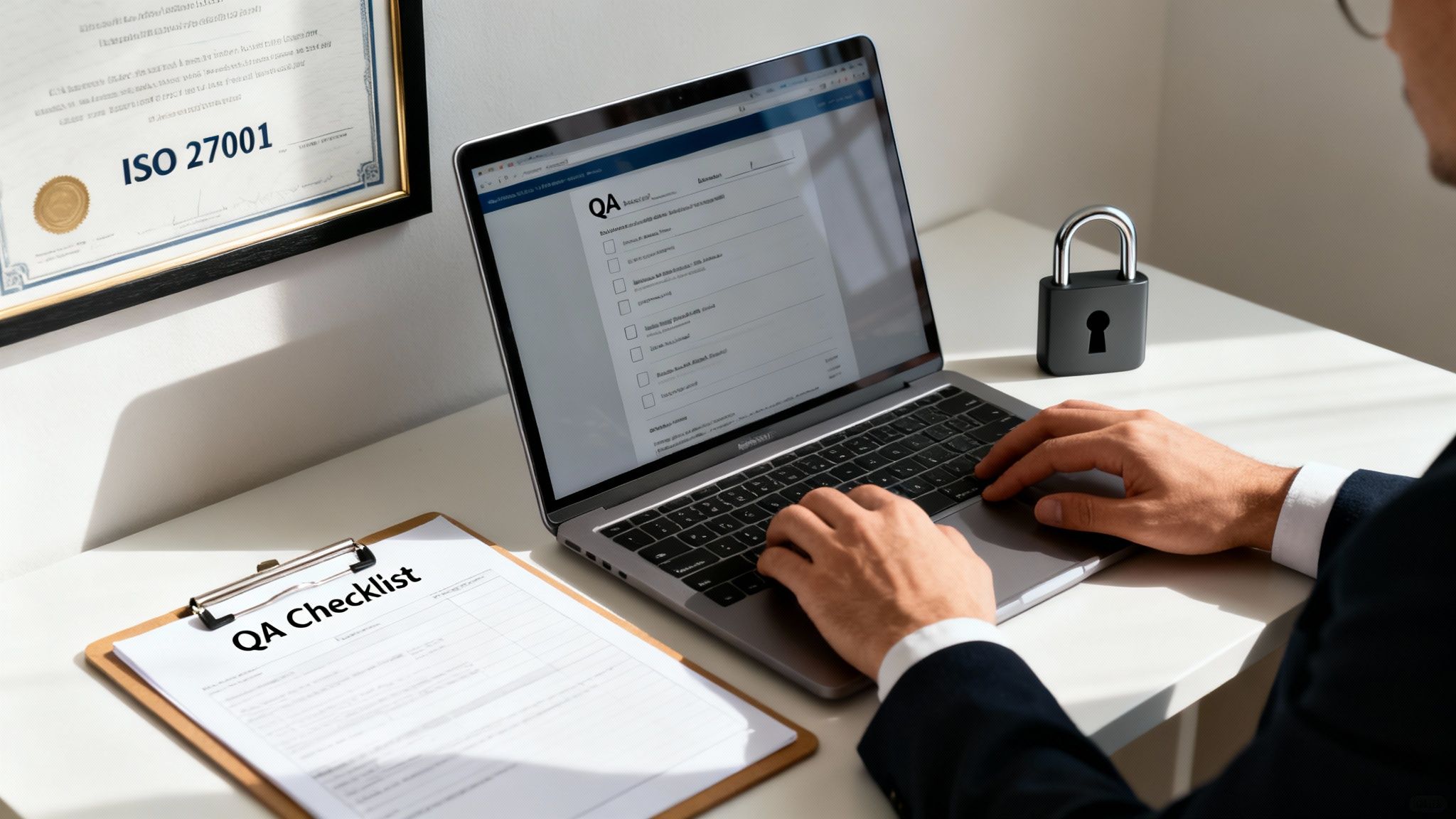 A person works on a laptop displaying a QA checklist, with an ISO 27001 certificate and a padlock on the desk.