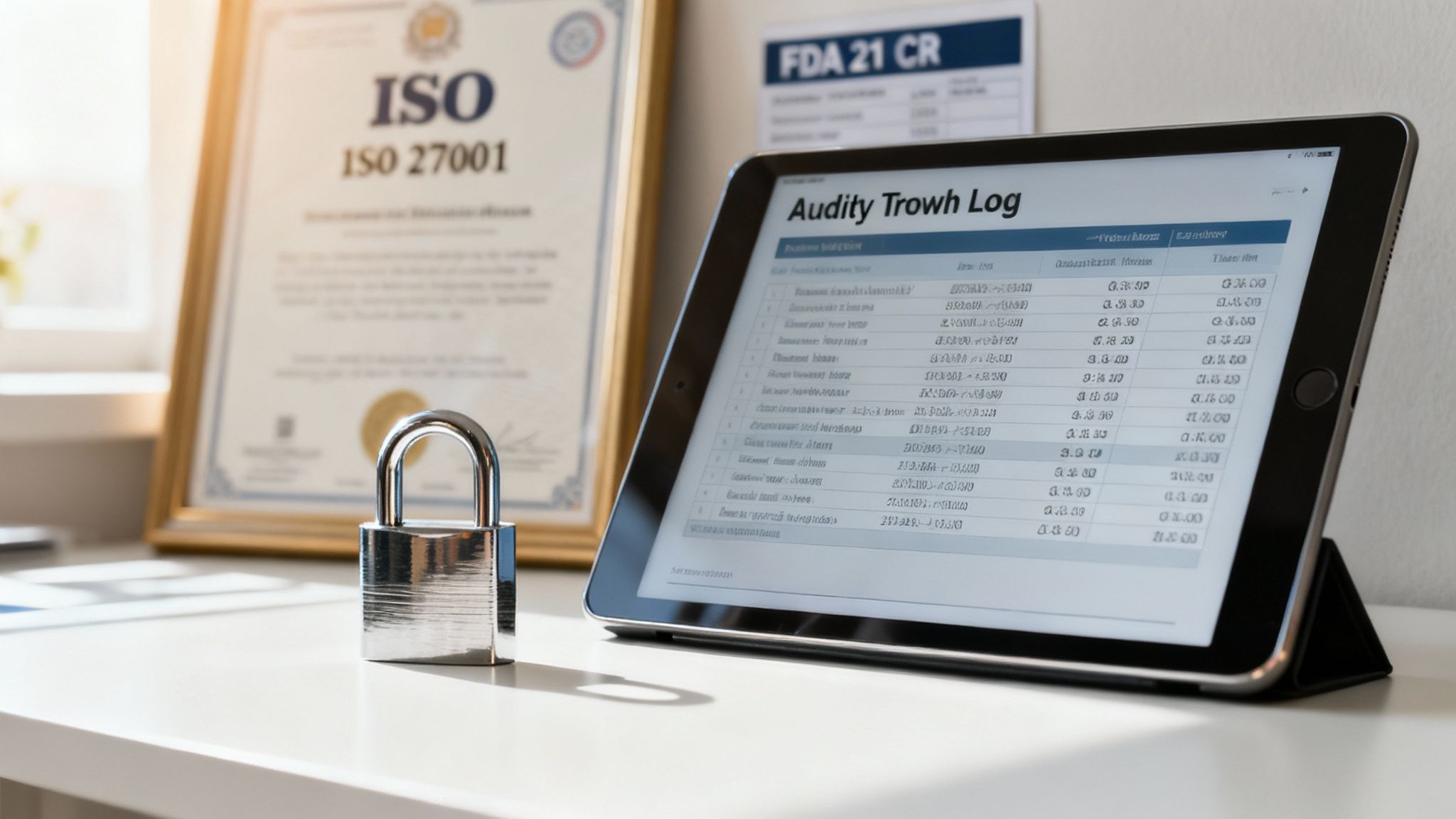 A padlock, an ISO 27001 certificate, and a tablet displaying a data audit log, representing data security.