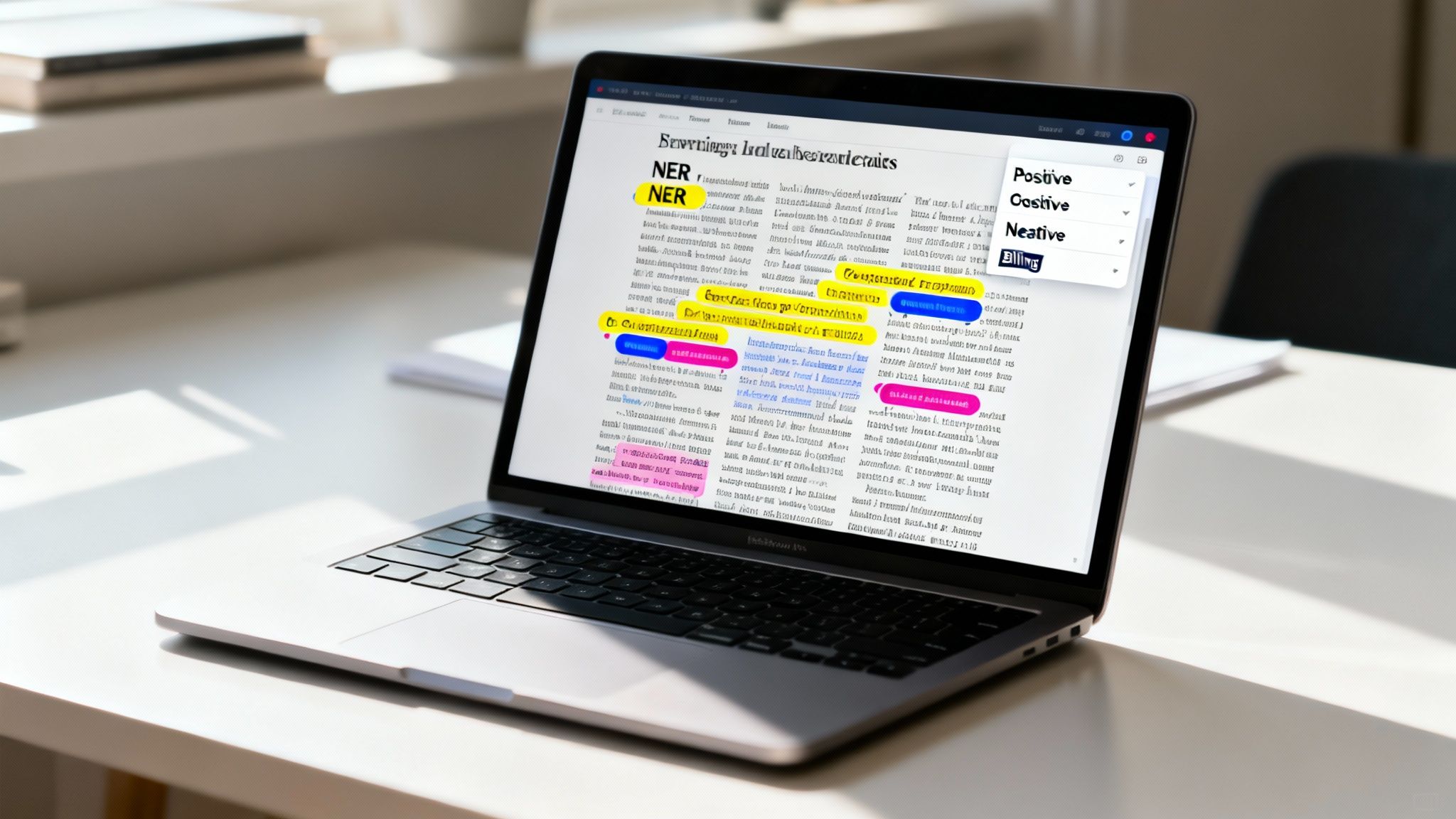 A laptop on a white desk displaying a document with highlighted text and a menu for text classification.
