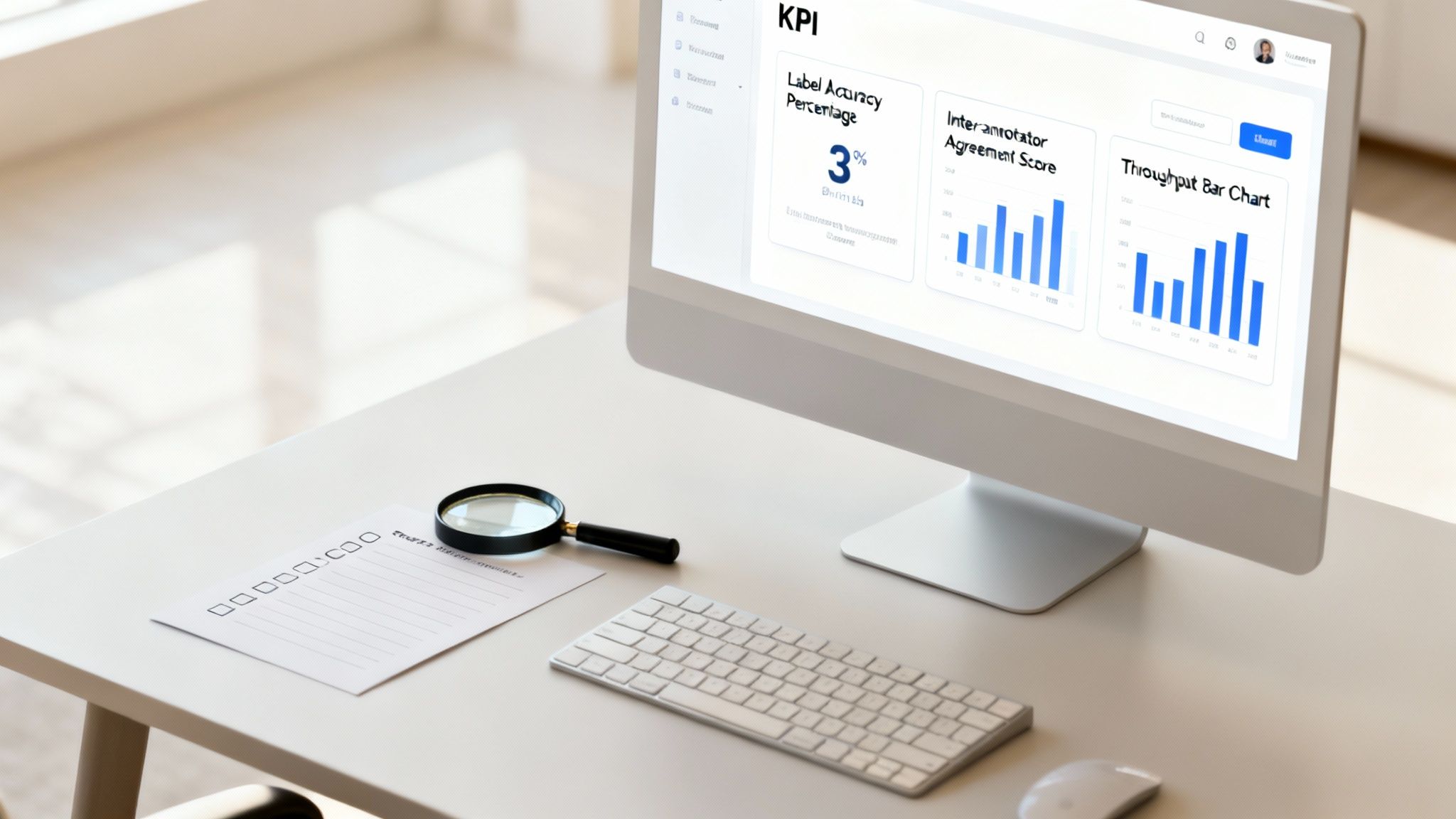 Computer screen showing data labeling KPIs with charts, a magnifying glass, and a checklist on a white desk.