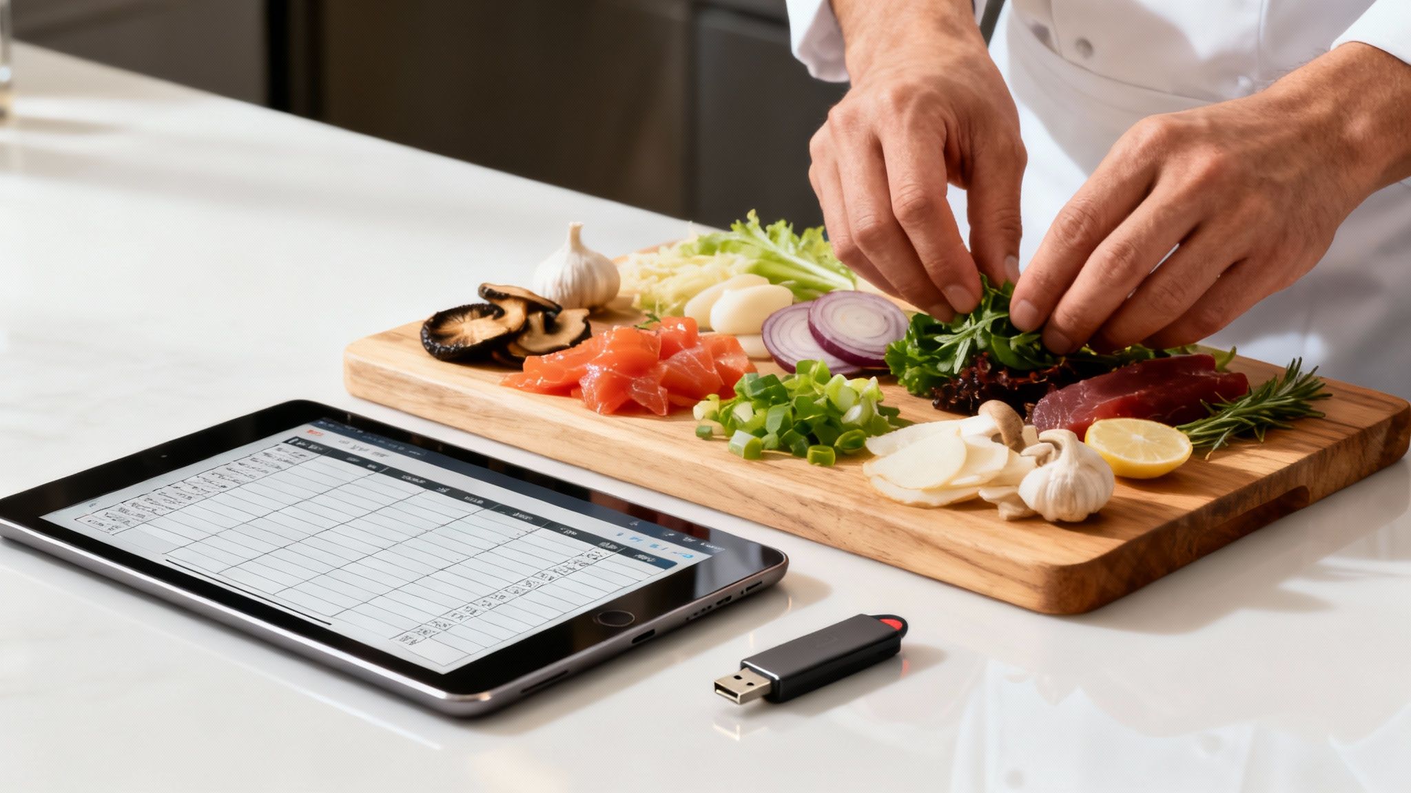 A chef prepares colorful ingredients on a cutting board, a tablet displaying a spreadsheet and a USB drive nearby.