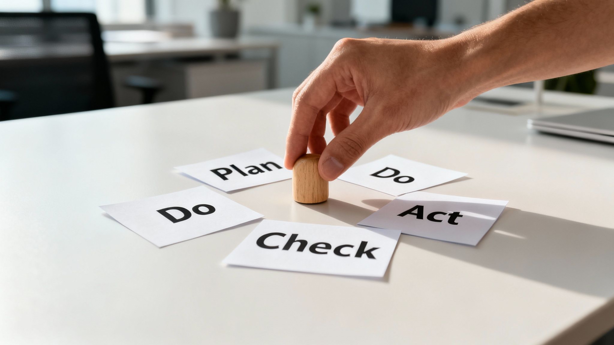A hand places a wooden piece on a desk surrounded by cards with 'Plan, Do, Check, Act'.