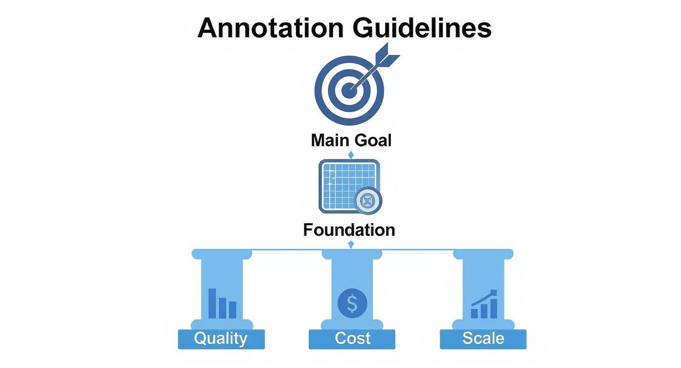 Hierarchy diagram illustrating annotation guidelines with a main goal, foundation, and key pillars of quality, cost, and scale.