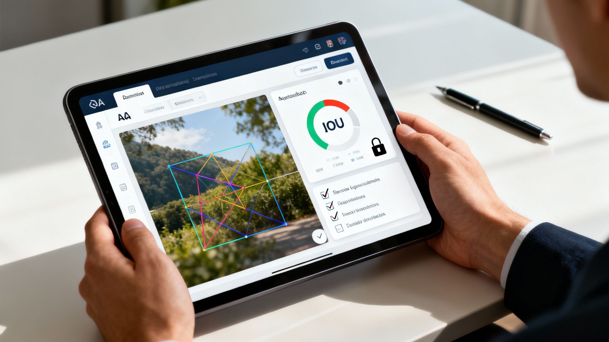 Person holding a tablet displaying an image annotation application with geometric overlays and data.