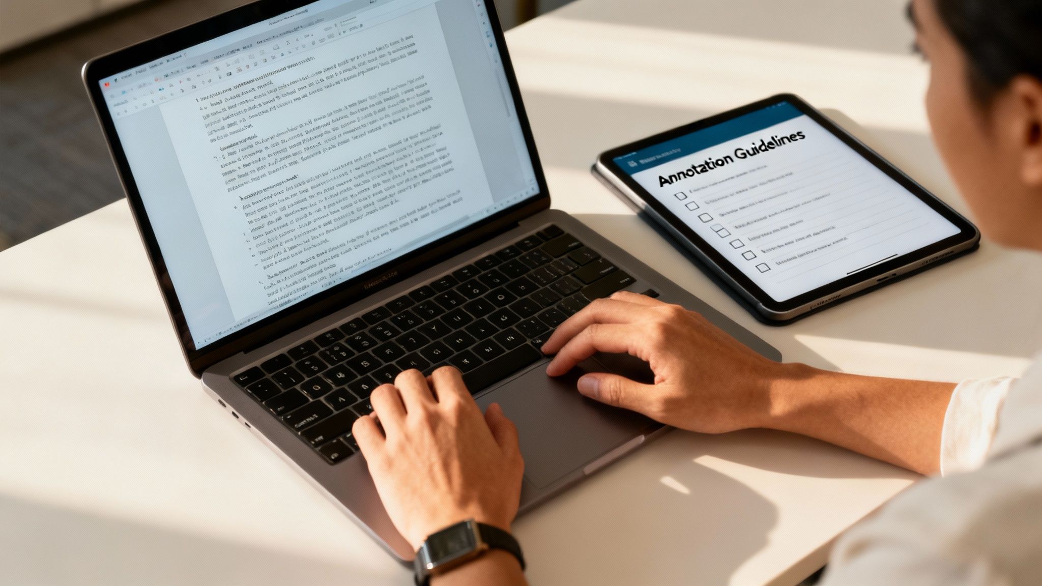 Person typing on a laptop with 'Annotation Guidelines' displayed on a tablet nearby.