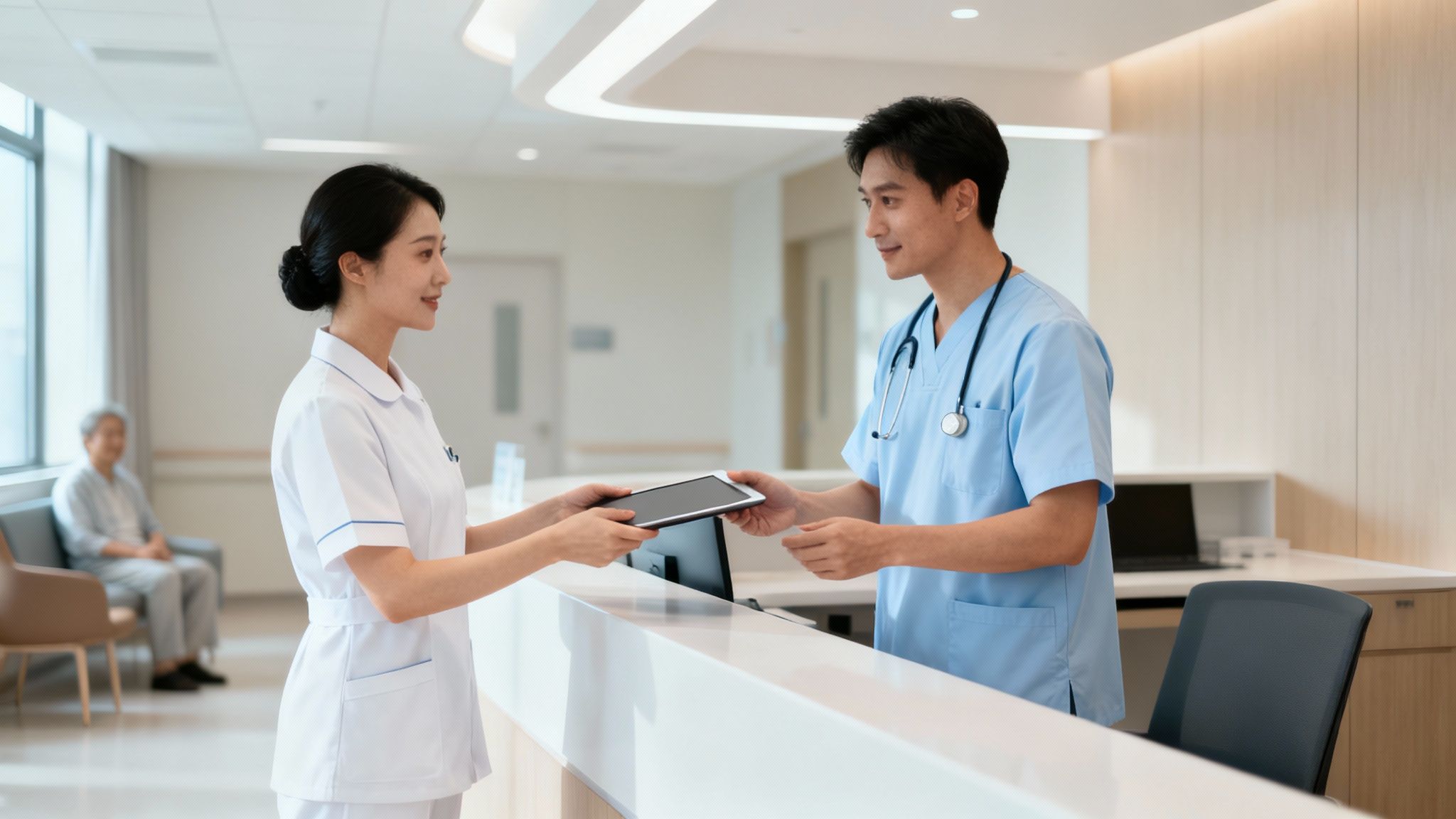 Two healthcare professionals, a nurse and a doctor, exchange a tablet at a hospital reception desk.