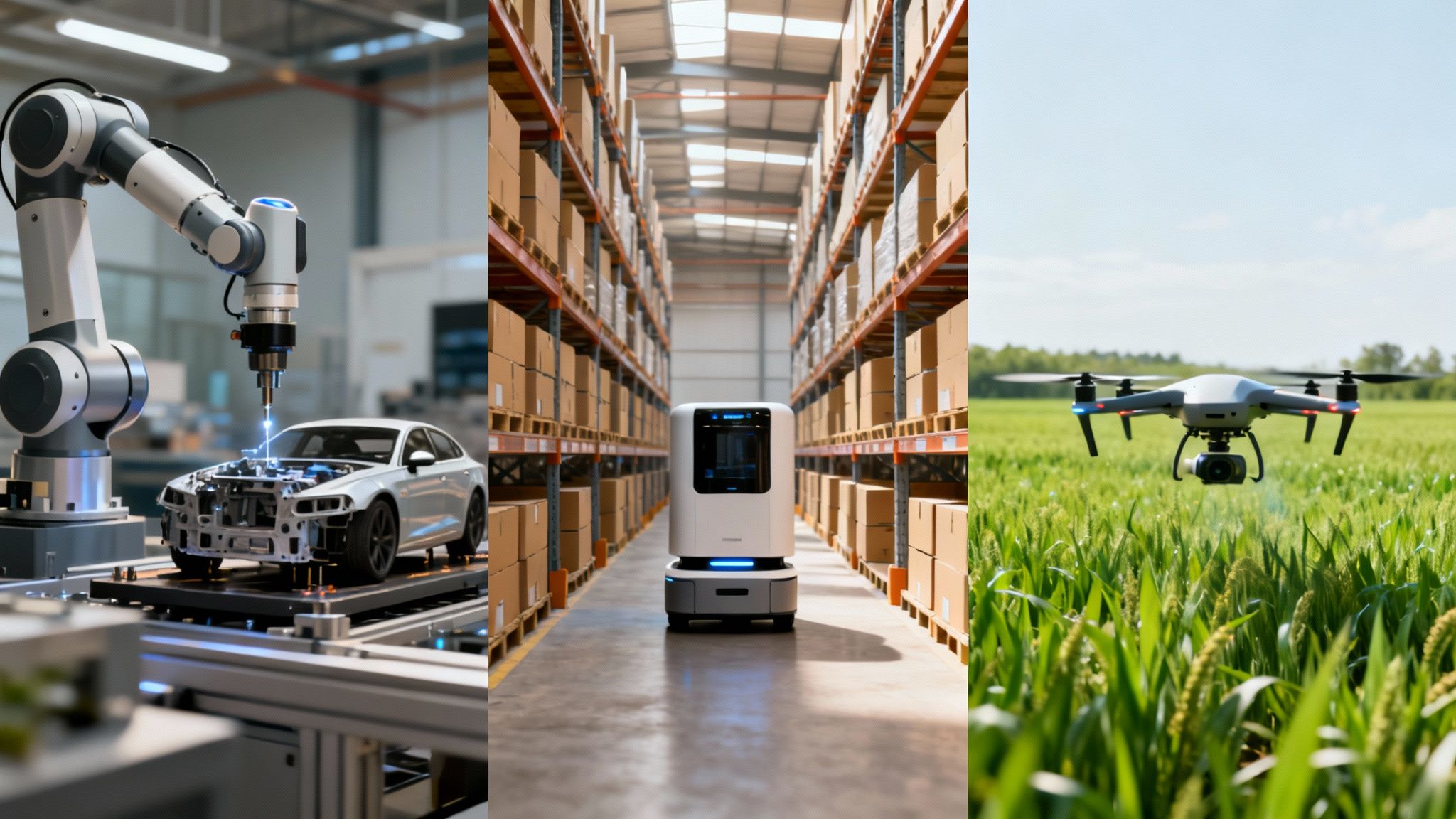 Advanced robotics and automation in manufacturing, logistics, and agriculture displayed in a triptych.
