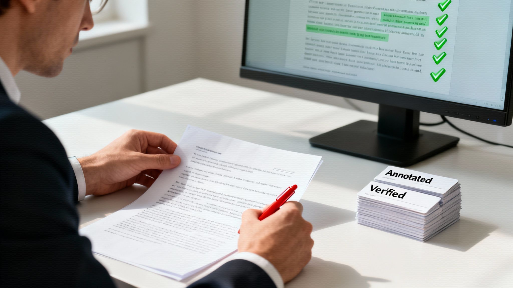 A person reviews physical documents with a red pen while referencing a computer monitor showing verified content.