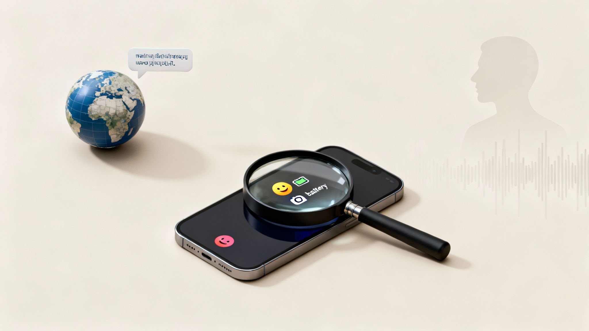 Visualizing sentiment and voice analysis with a globe, smartphone showing emojis, and sound waves.