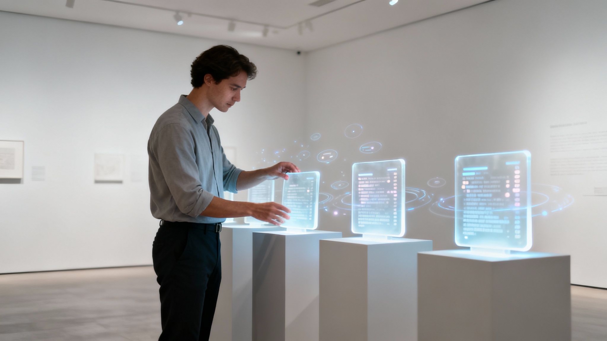 A man in a modern museum interacts with several glowing holographic data displays on white pedestals.