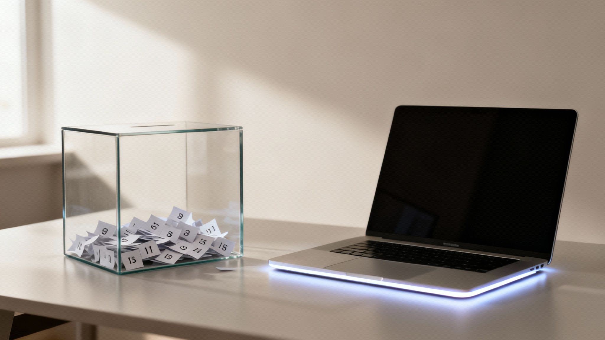 A transparent glass box filled with numbered paper slips next to a glowing laptop on a desk.