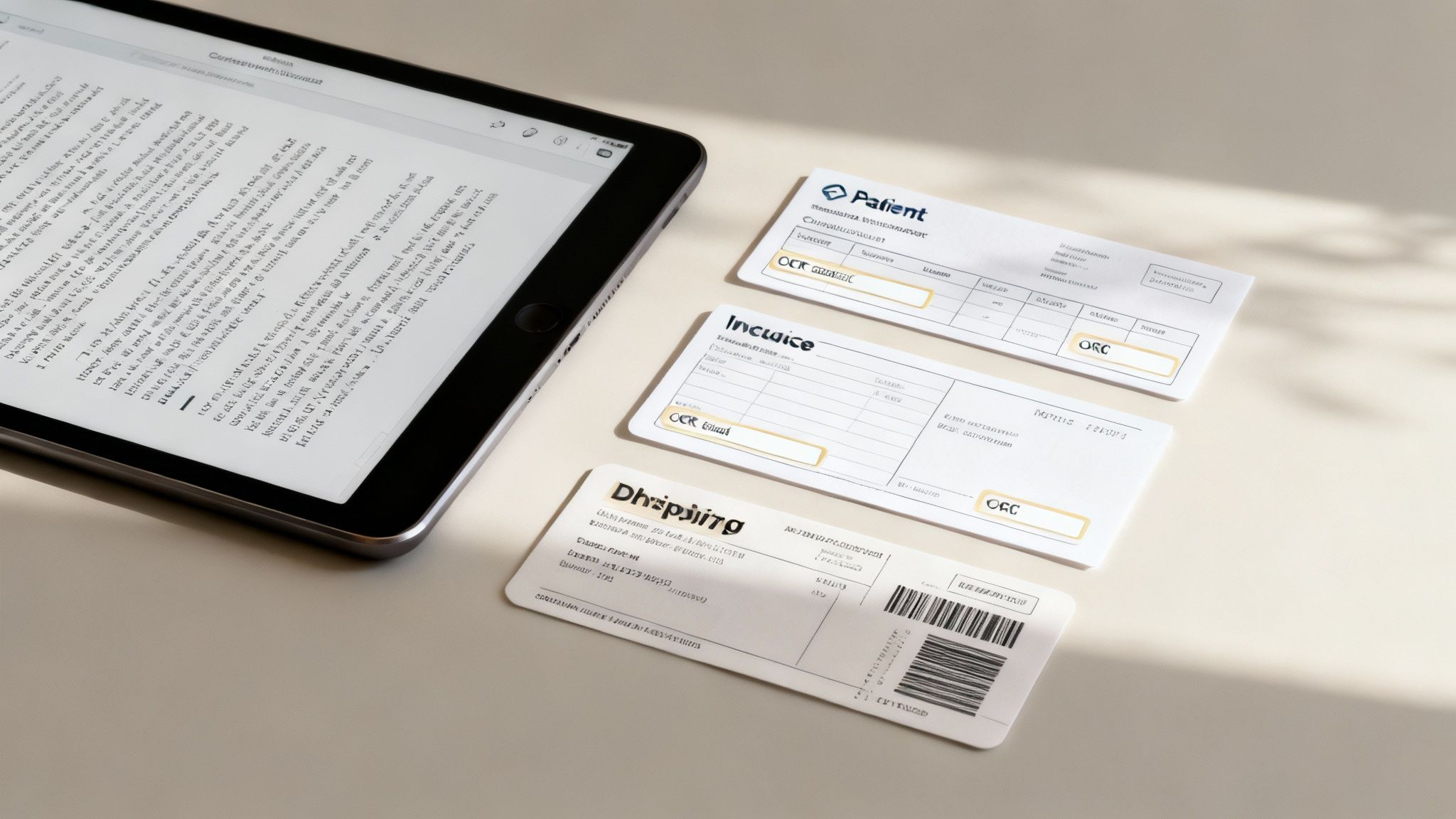 A tablet displaying text alongside three white cards labeled 'Patient', 'Invoice', and 'Shipping' forms.