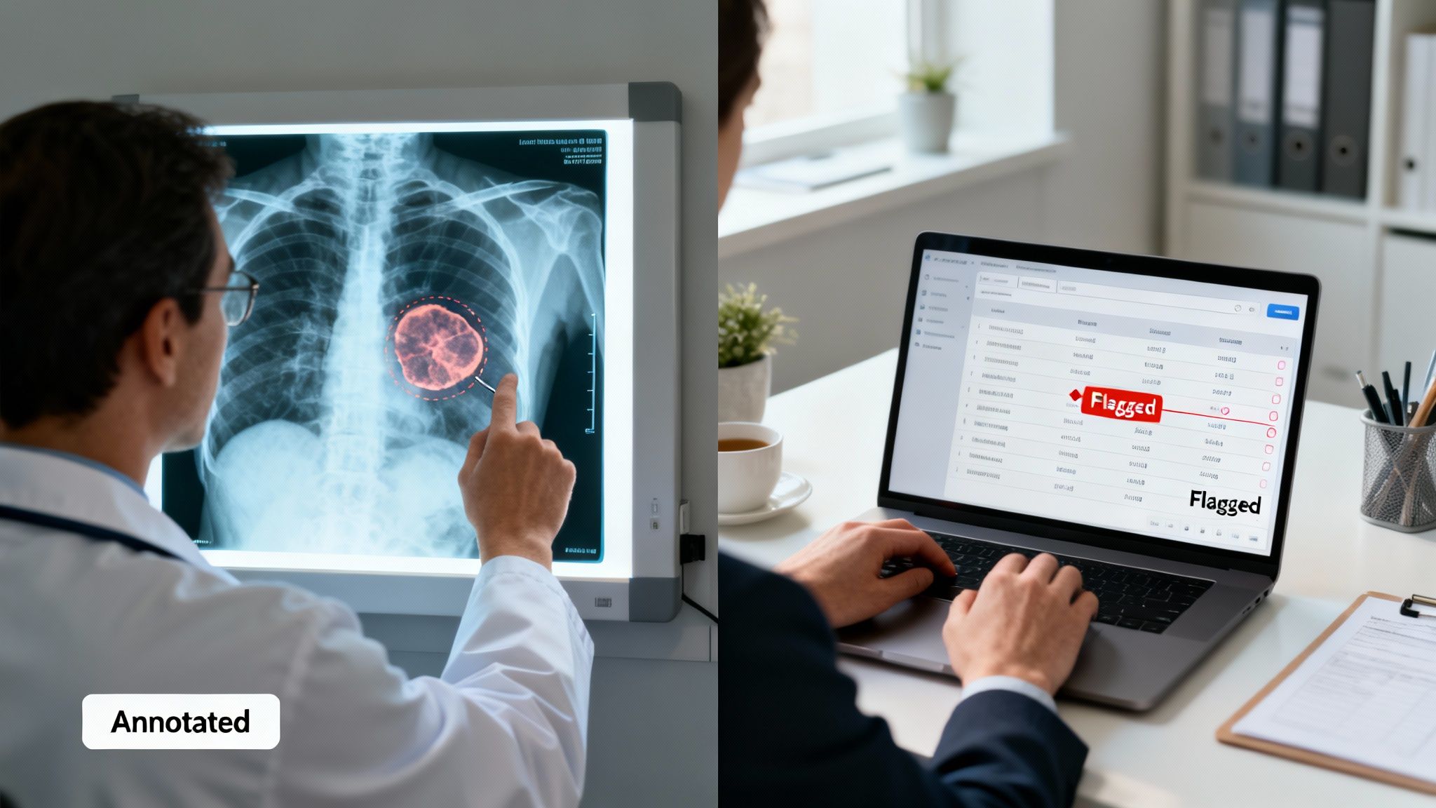 A doctor annotates a chest X-ray highlighting an anomaly, while another person reviews flagged data on a laptop.
