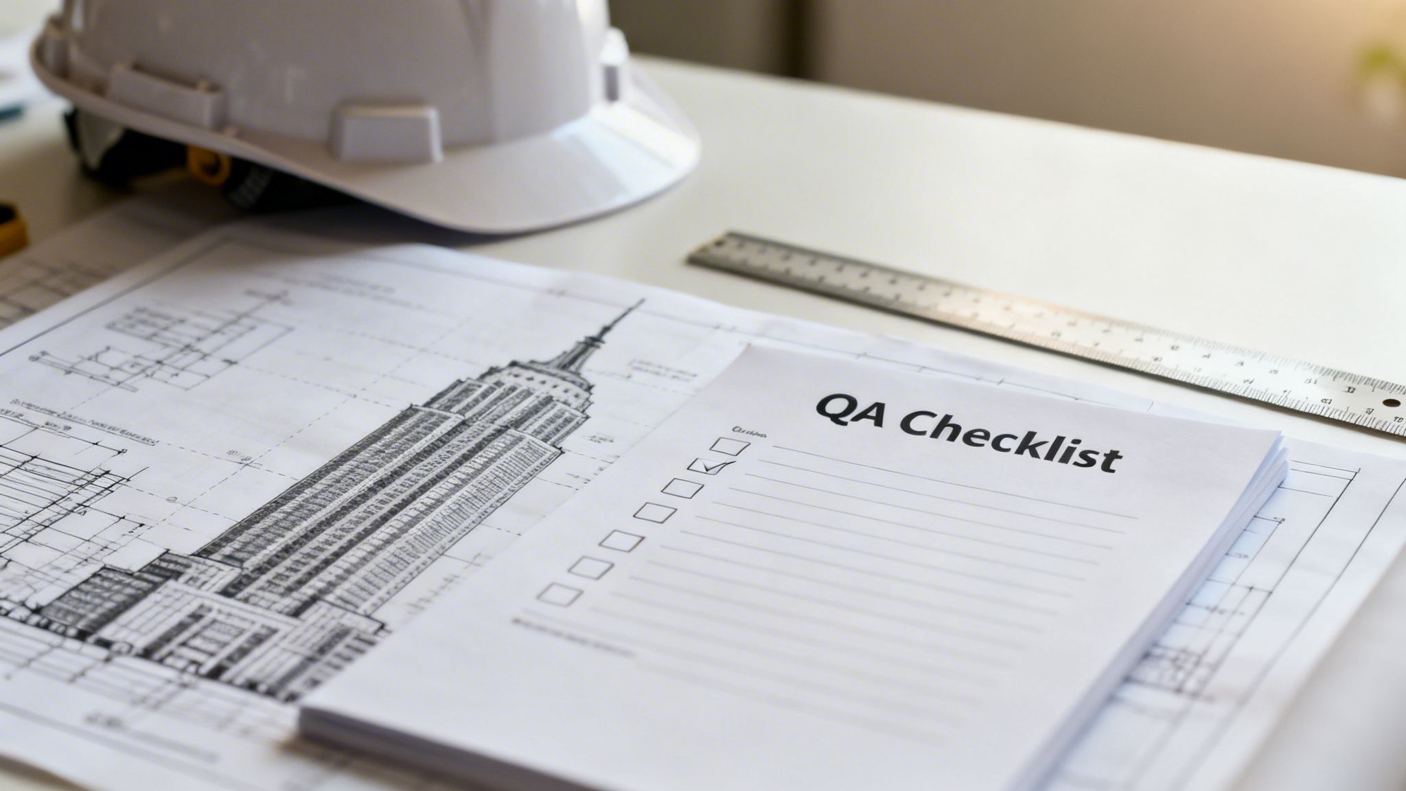 Construction desk with hard hat, architectural blueprints, a ruler, and a QA Checklist document.