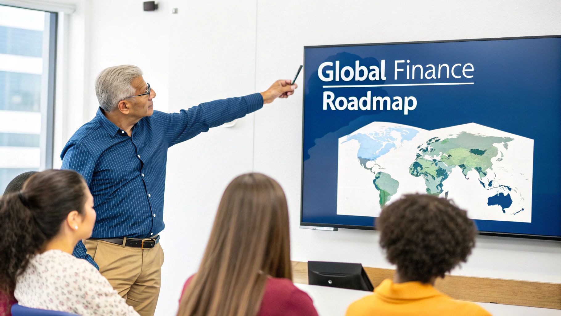 An instructor presents a 'Global Finance Roadmap' to attentive students in a classroom.