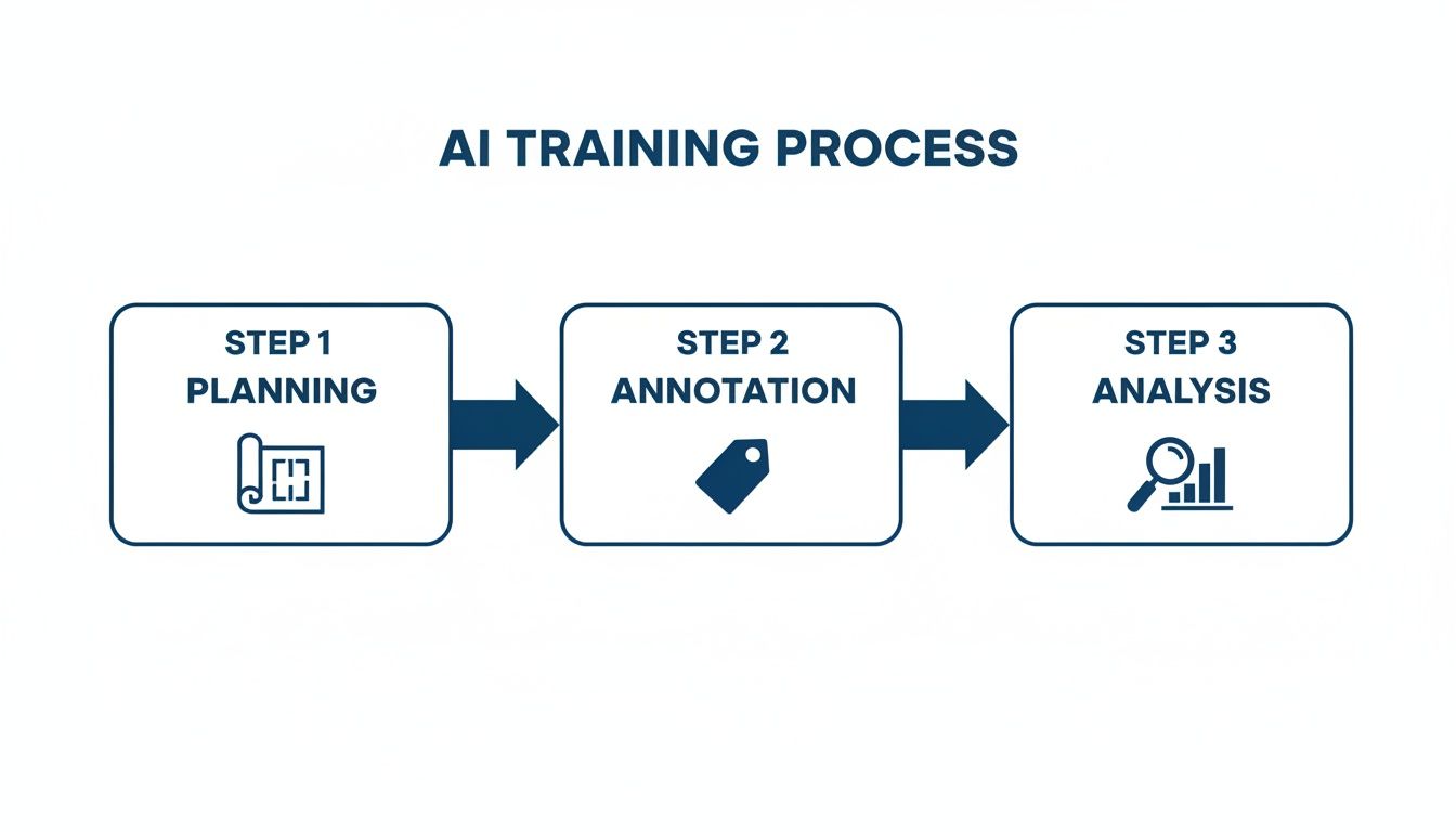 A three-step AI training process flowchart showing Planning, Annotation, and Analysis with corresponding icons.