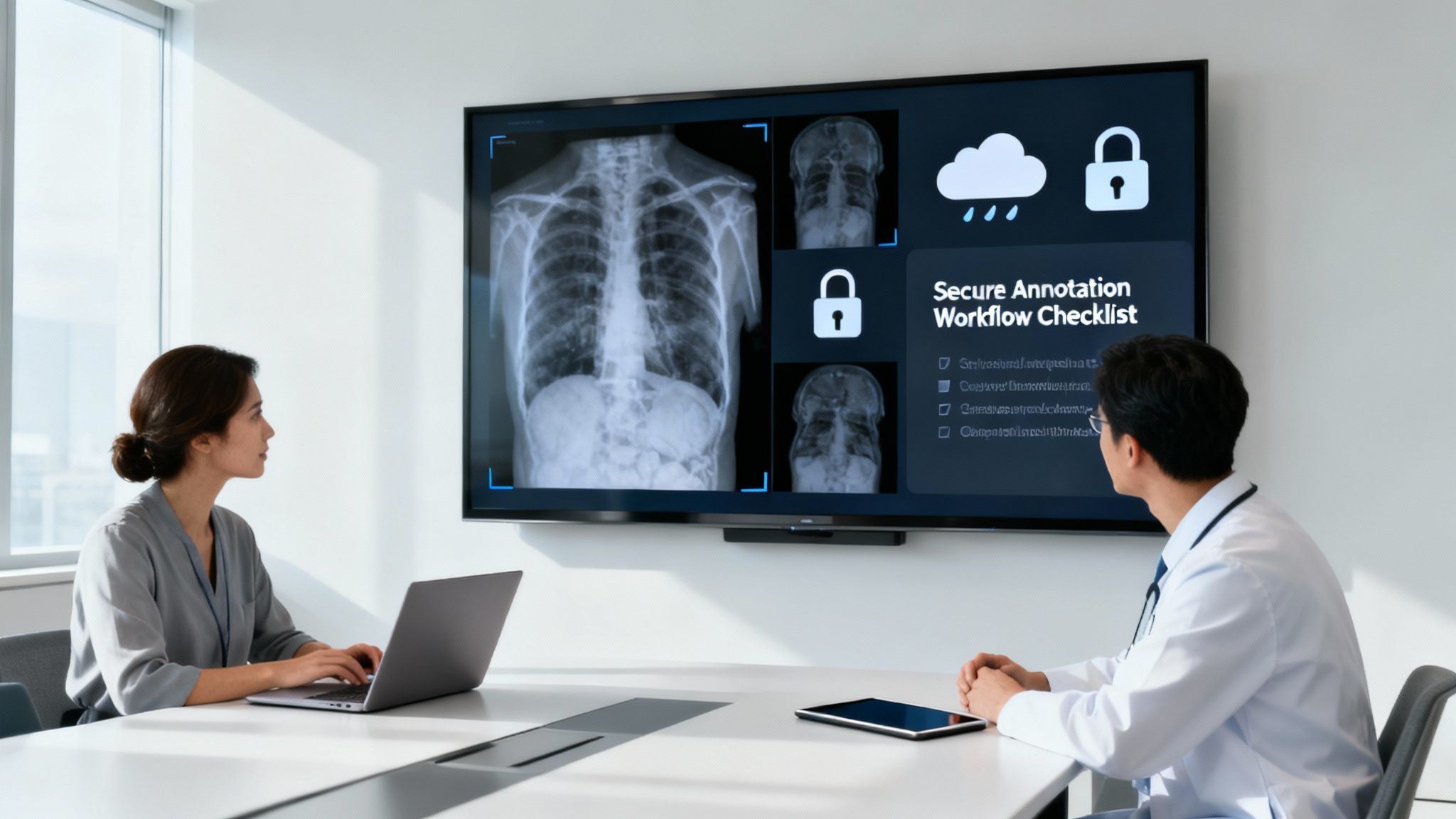 Two professionals review medical X-ray images and a secure annotation workflow checklist on a large screen.