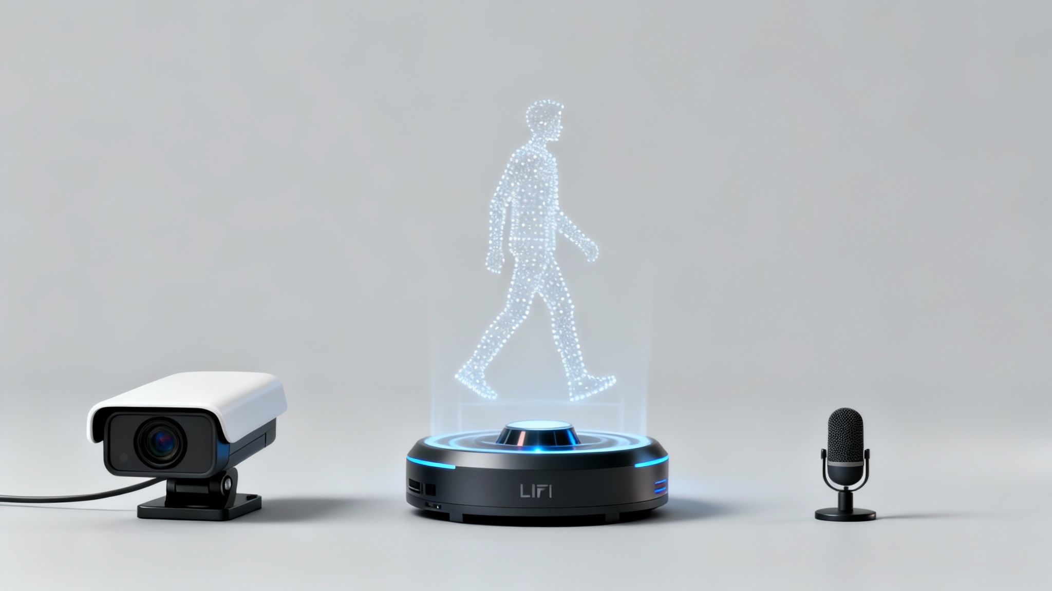 AI perception system with a camera, LIFI device projecting a walking hologram, and microphone.