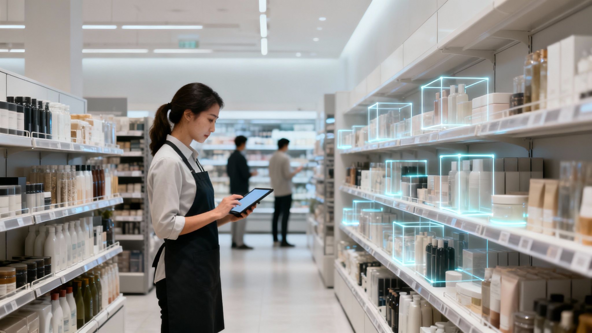 An employee uses a tablet to manage inventory in a smart retail store with glowing product boxes.