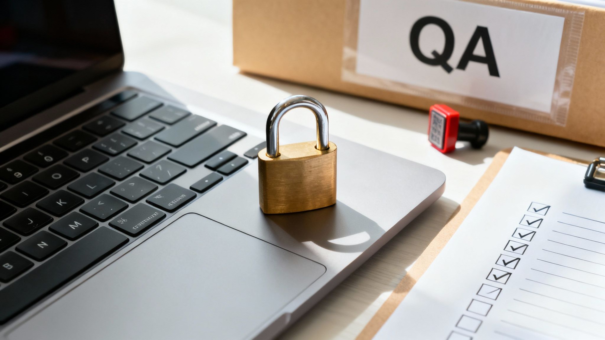 A brass padlock rests on a laptop keyboard with a 'QA' labeled box and checklist nearby.