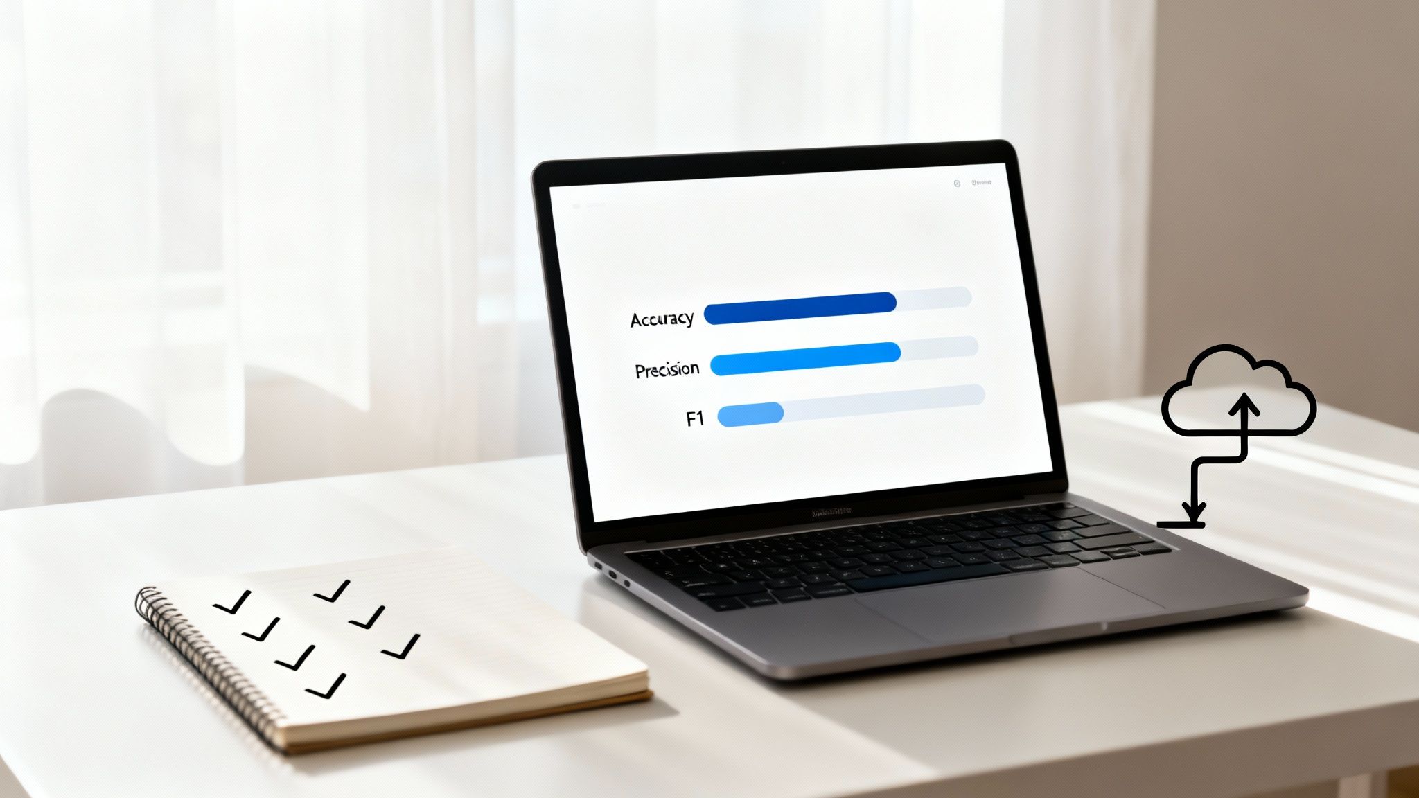 A laptop displays data metrics, a notebook with checkmarks, and a cloud icon for data transfer.