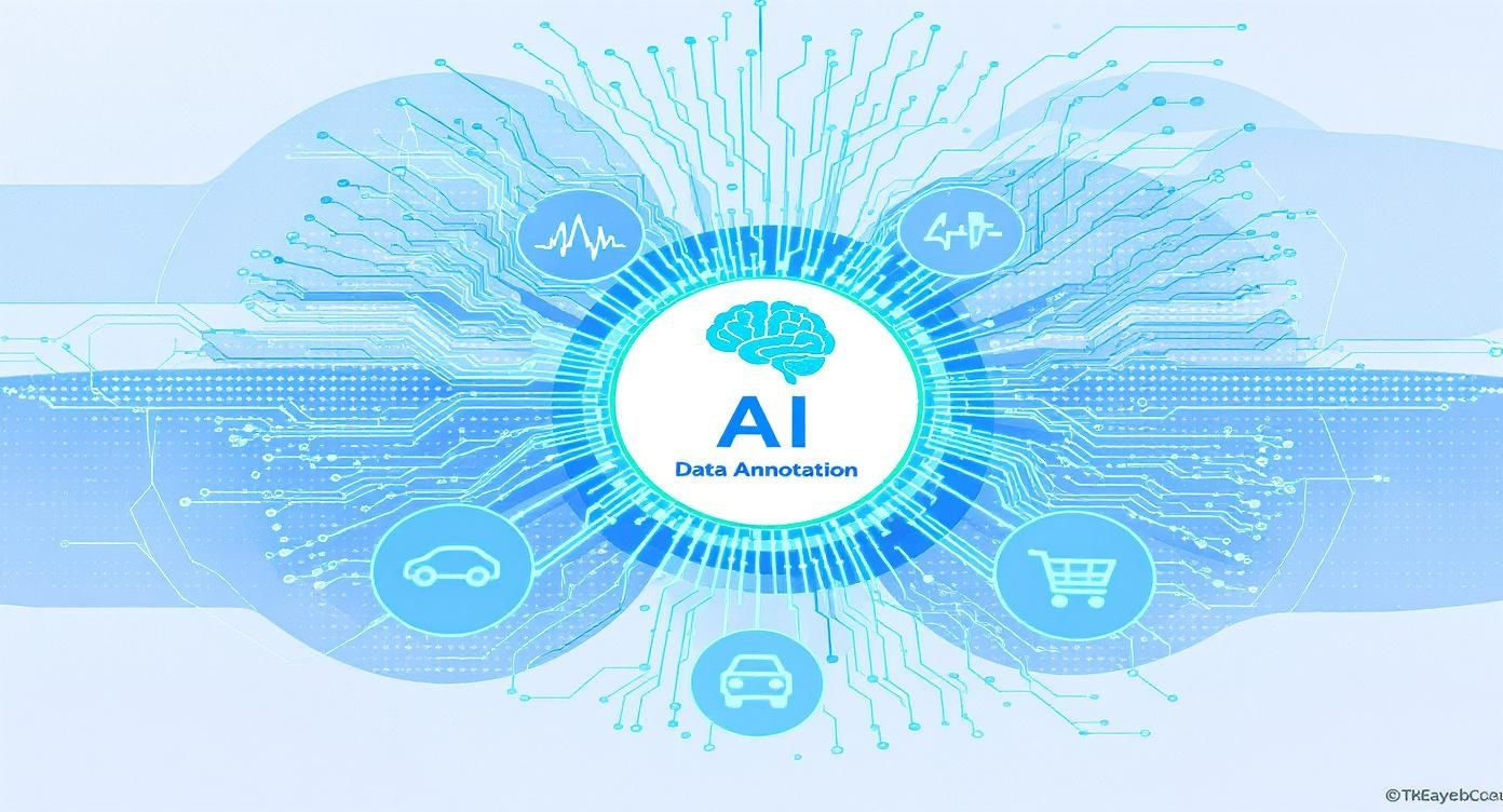 AI data annotation technology concept with brain icon, circuit board connections, and industry application symbols