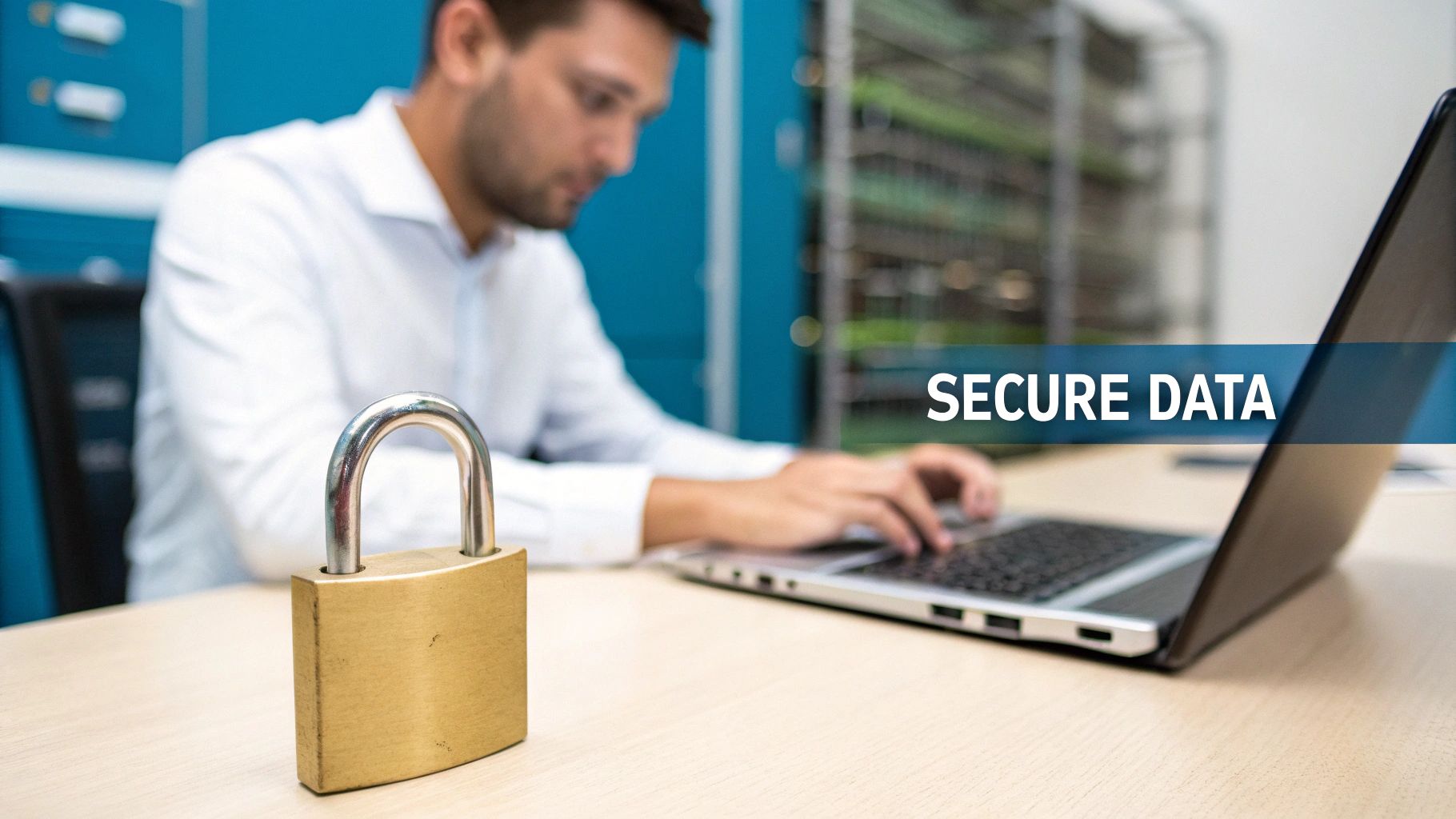 A visual representation of data security, with a digital lock protecting data streams.