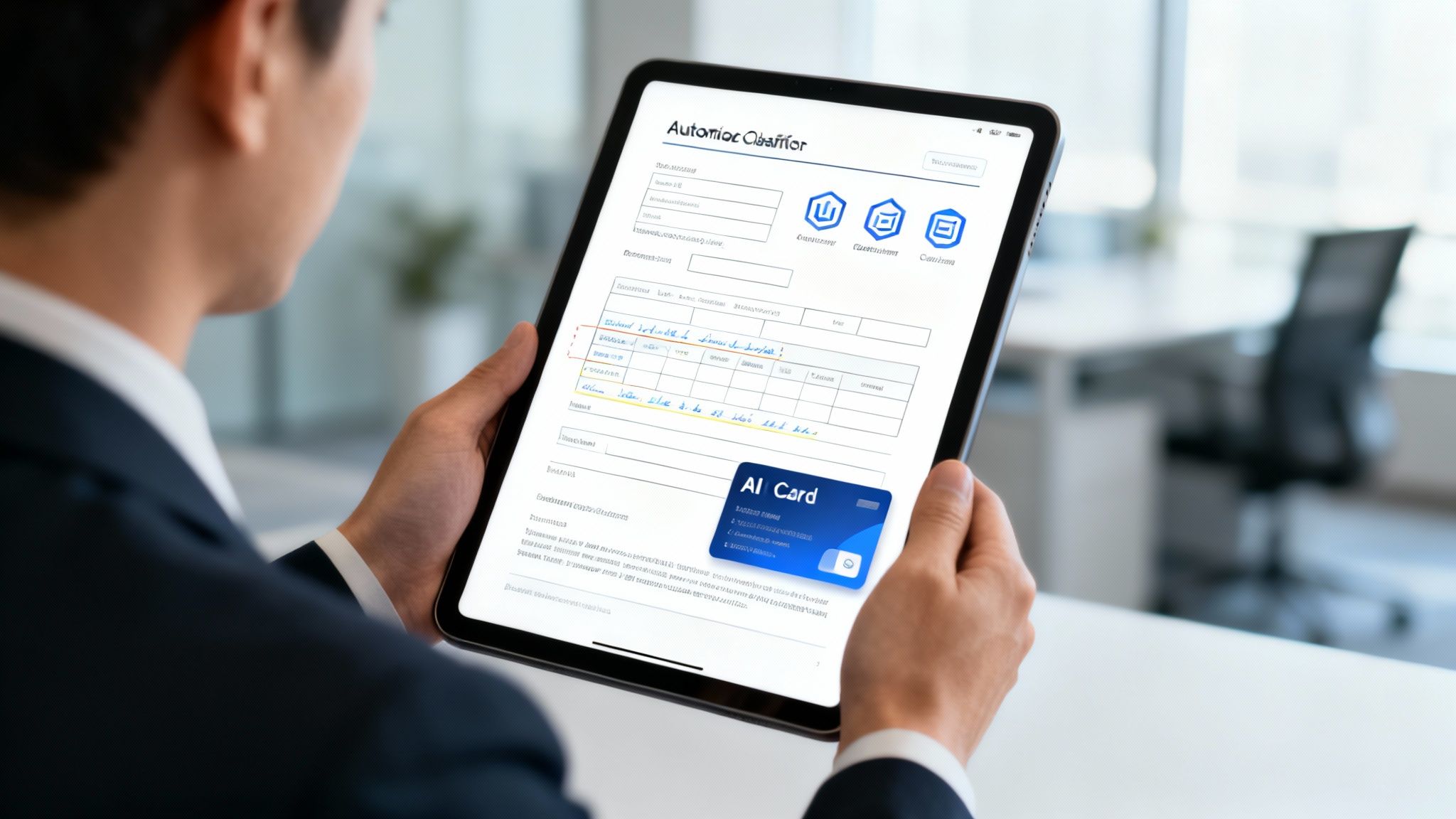 A man holds a tablet displaying an 'Automatic Classifier' form and an 'AI Card' in an office.