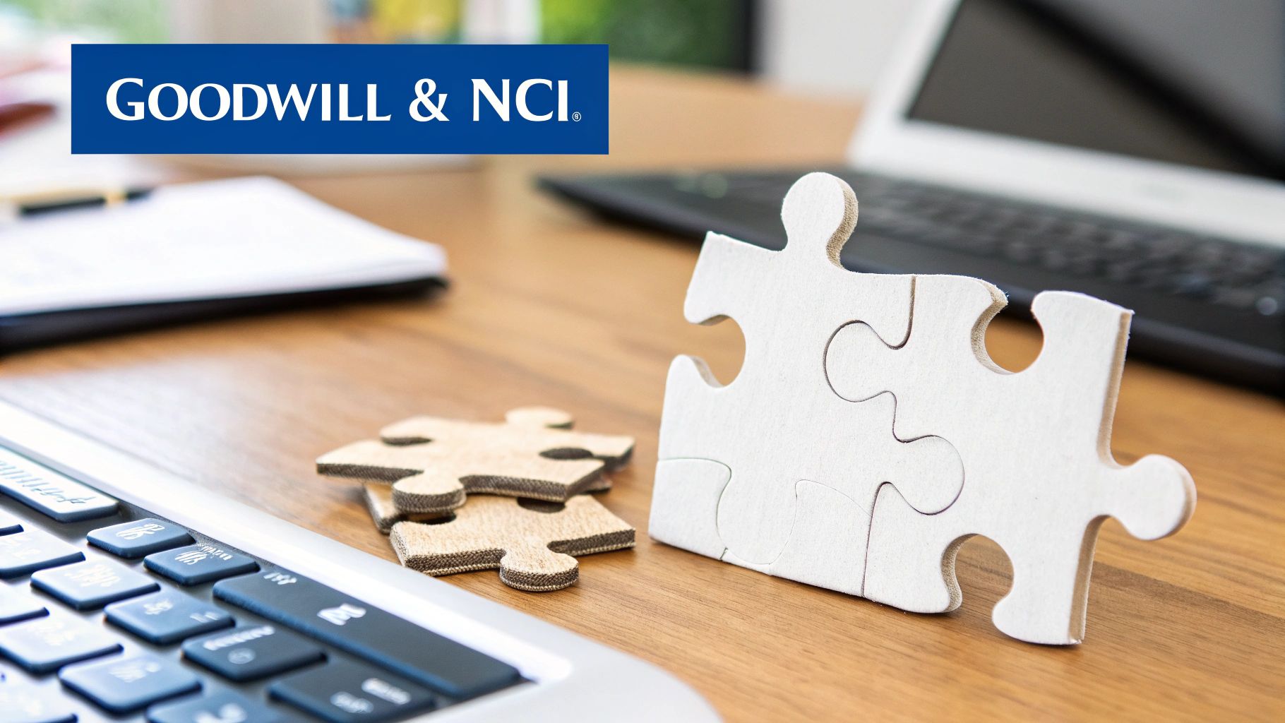 A desk with laptops, a notebook, and jigsaw puzzle pieces under a 'Goodwill & NCI' banner.