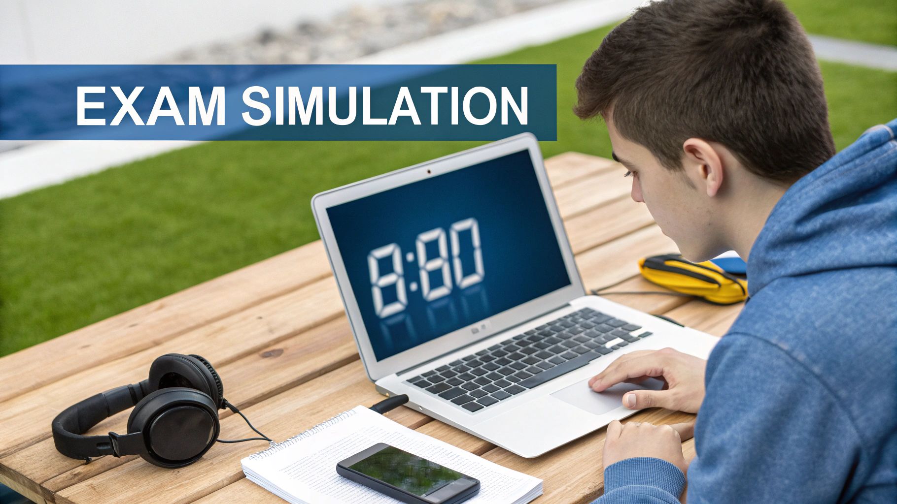 A young student diligently works on a laptop, participating in an exam simulation with a visible timer.