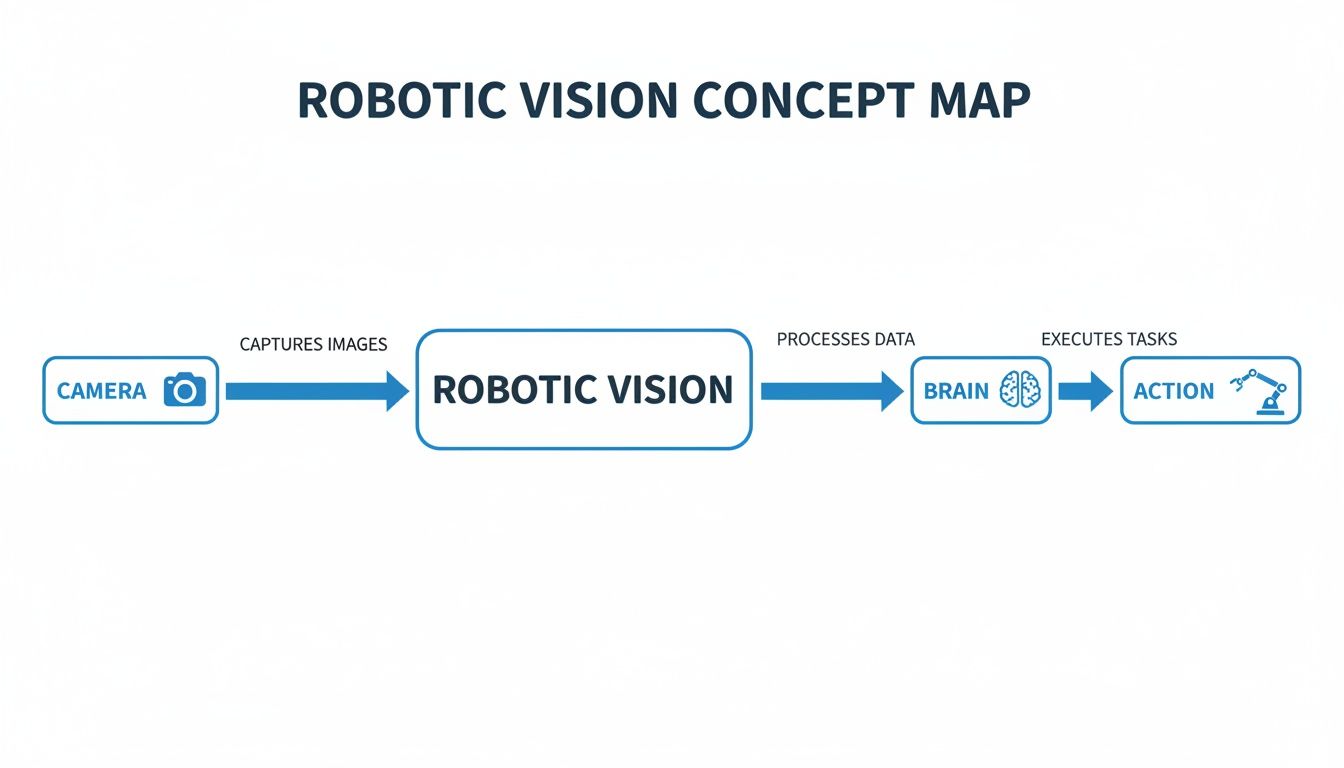 Flowchart illustrating the robotic vision process: camera captures images, processed, interpreted by brain, leading to action.
