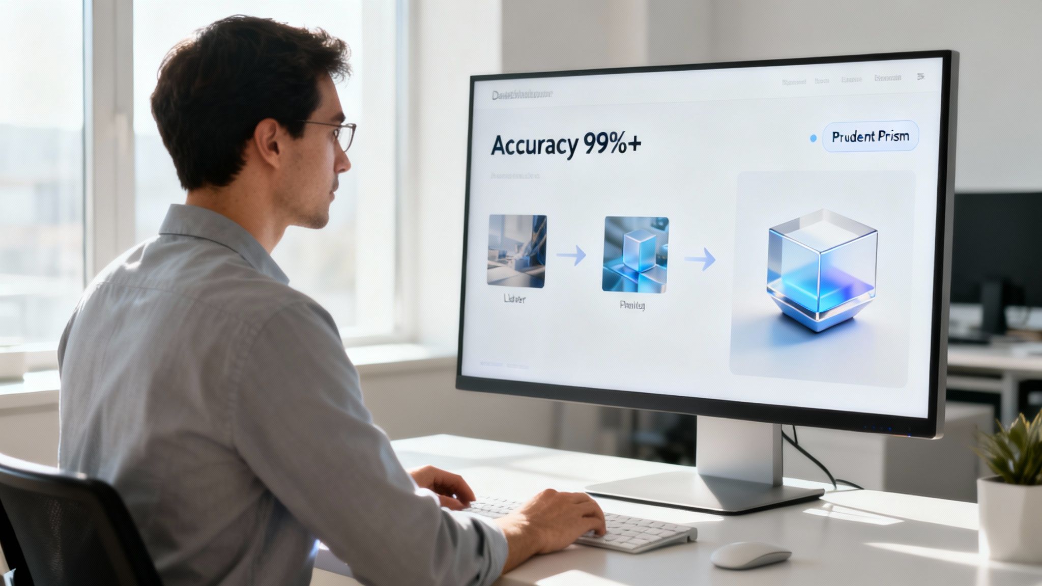 A man in glasses works on a computer displaying a diagram for 'Prudent Prism' data accuracy.