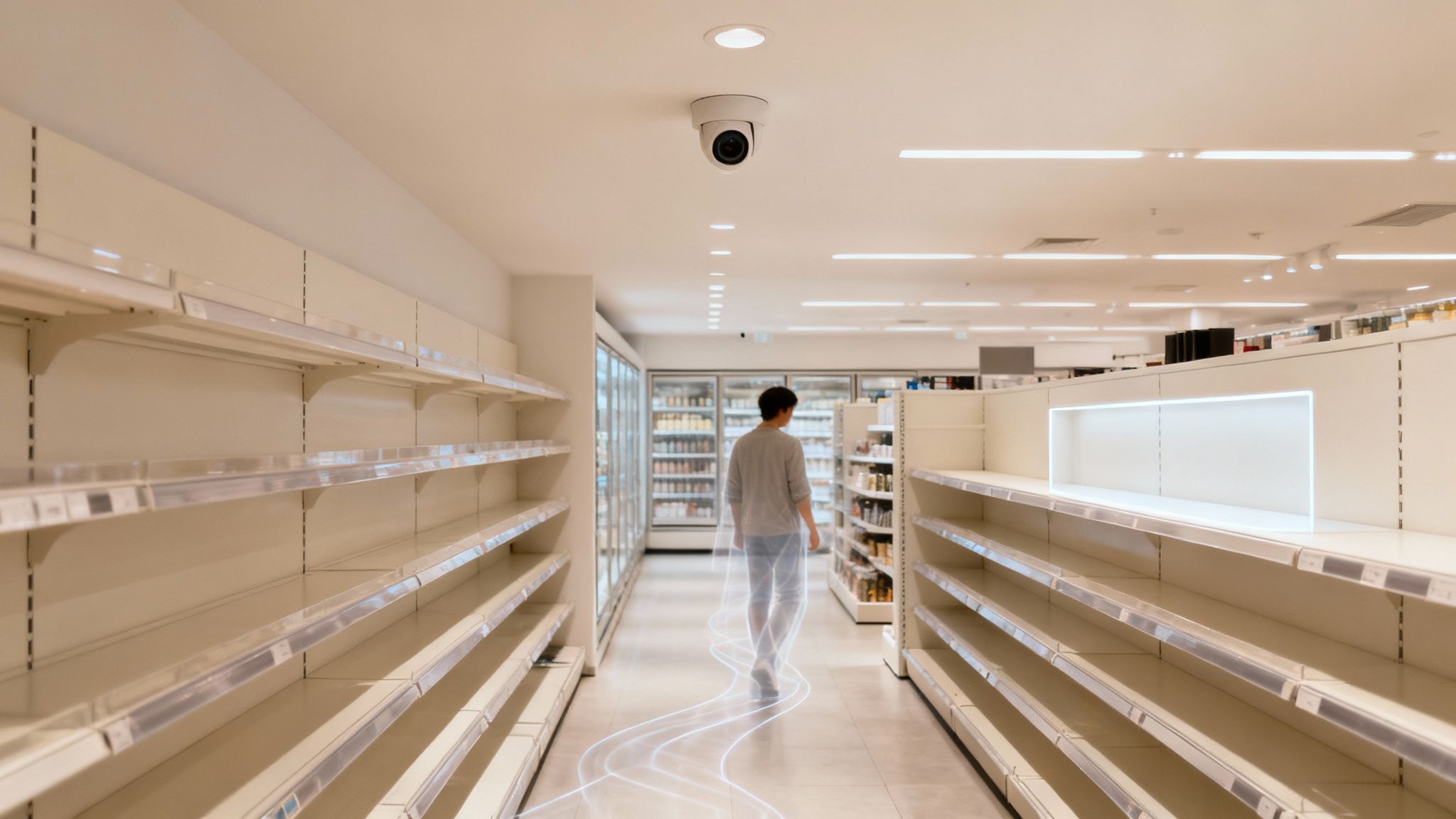 A security camera monitors a person walking down a nearly empty supermarket aisle.