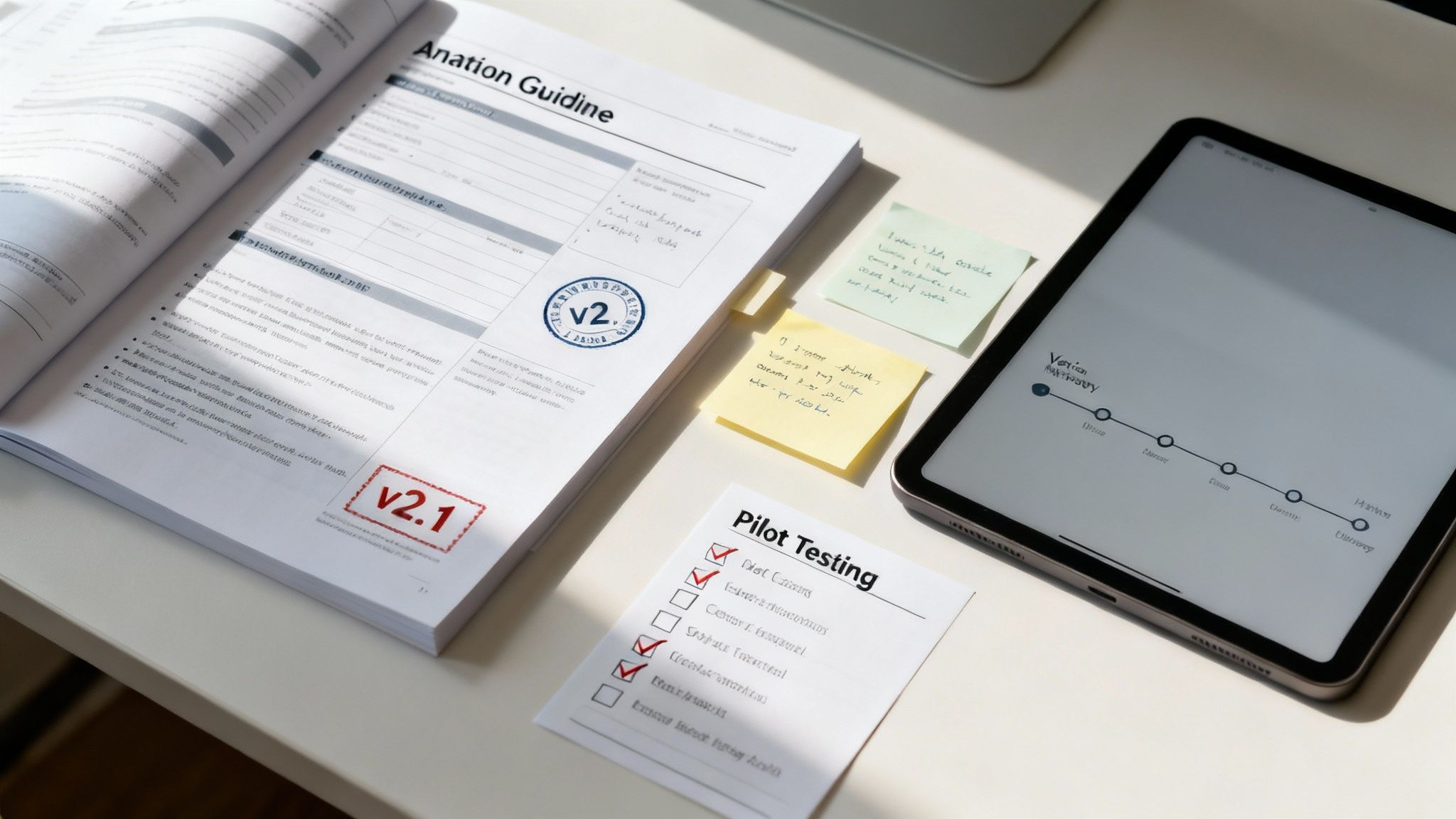 Desk with open annotation guideline book, pilot testing checklist, tablet, and sticky notes.