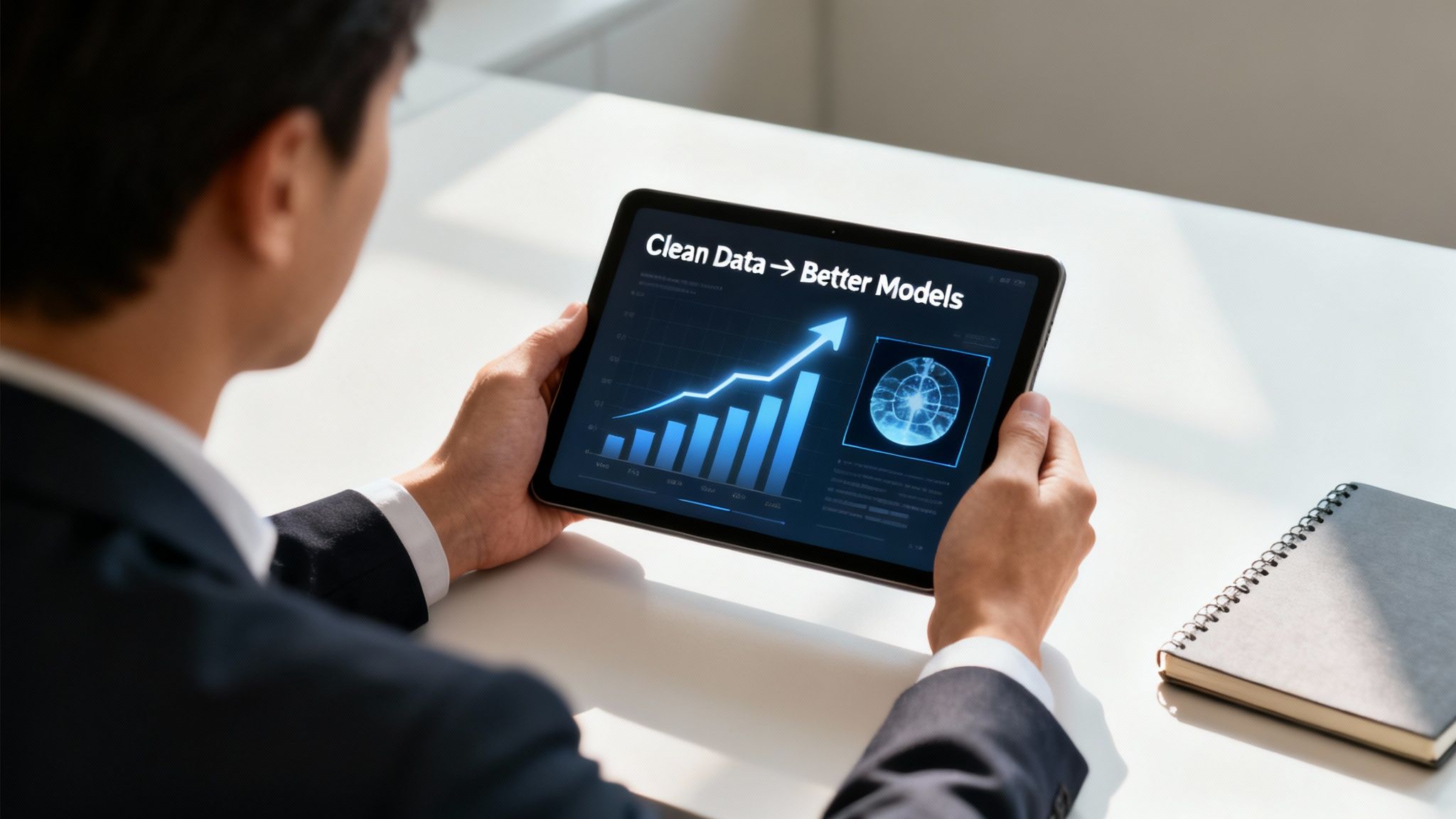A person holds a tablet displaying an upward trending graph and the text 'Clean Data -> Better Models'.