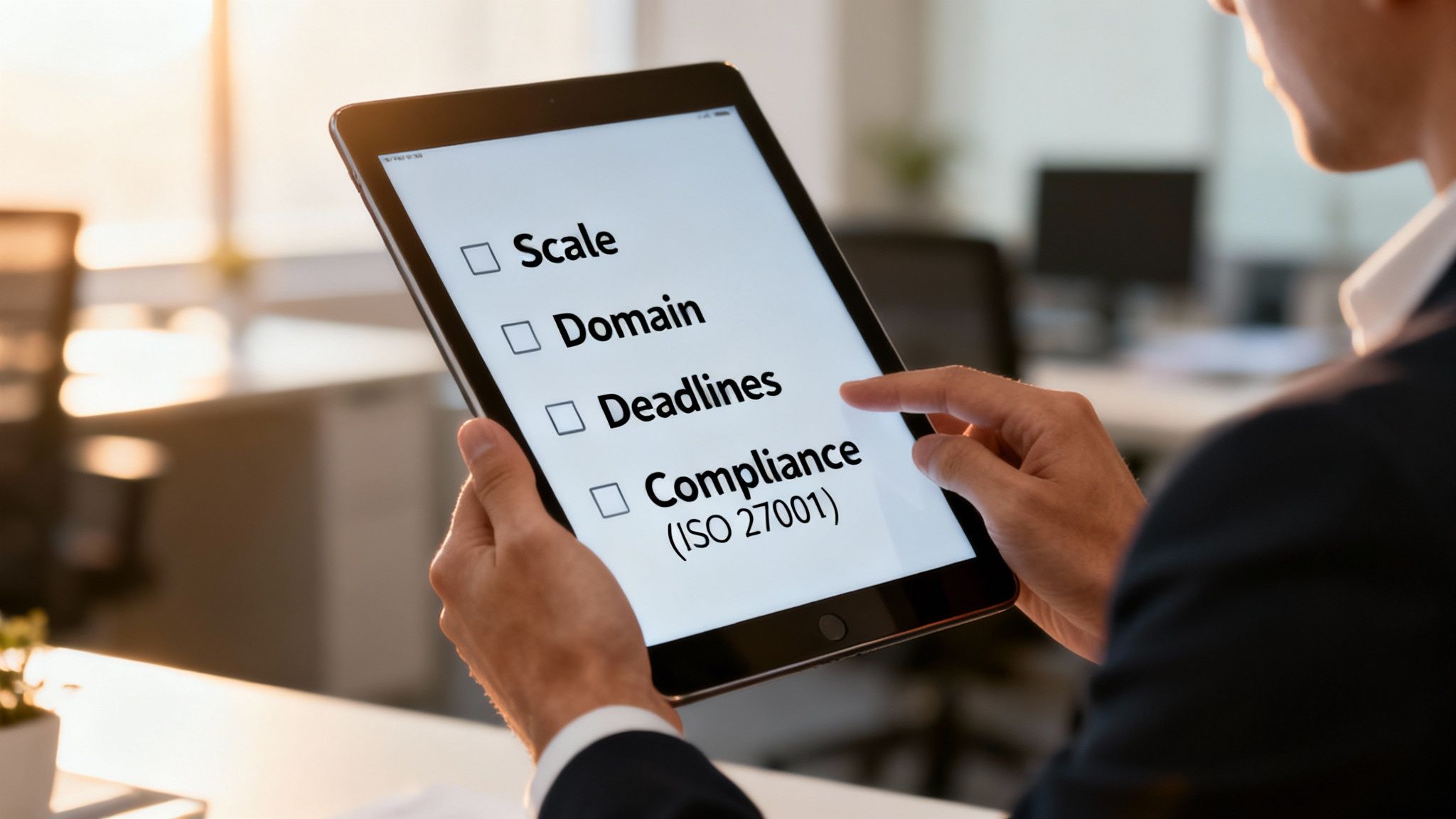 Hands holding a tablet displaying a checklist with 'Compliance (ISO 27001)' highlighted.