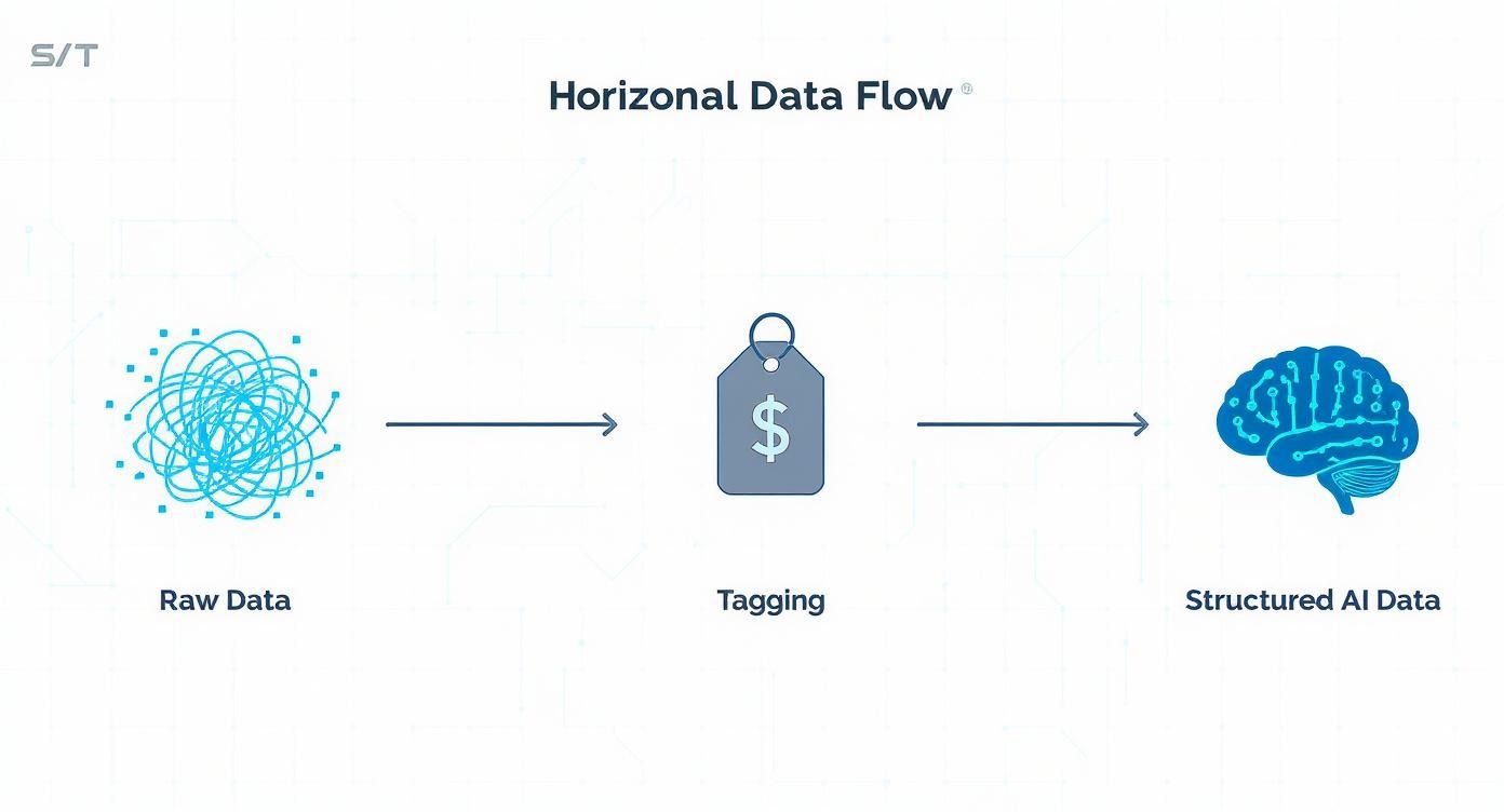 Diagram showing horizontal data flow from raw data through tagging to structured AI data.