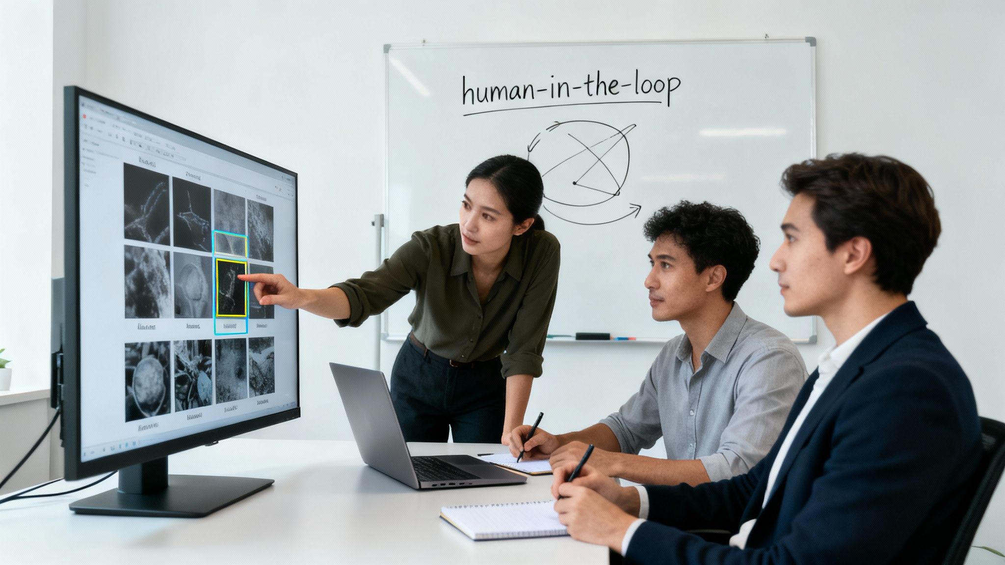 Three professionals collaborate on data labeling, with a woman pointing at scientific images on a monitor.