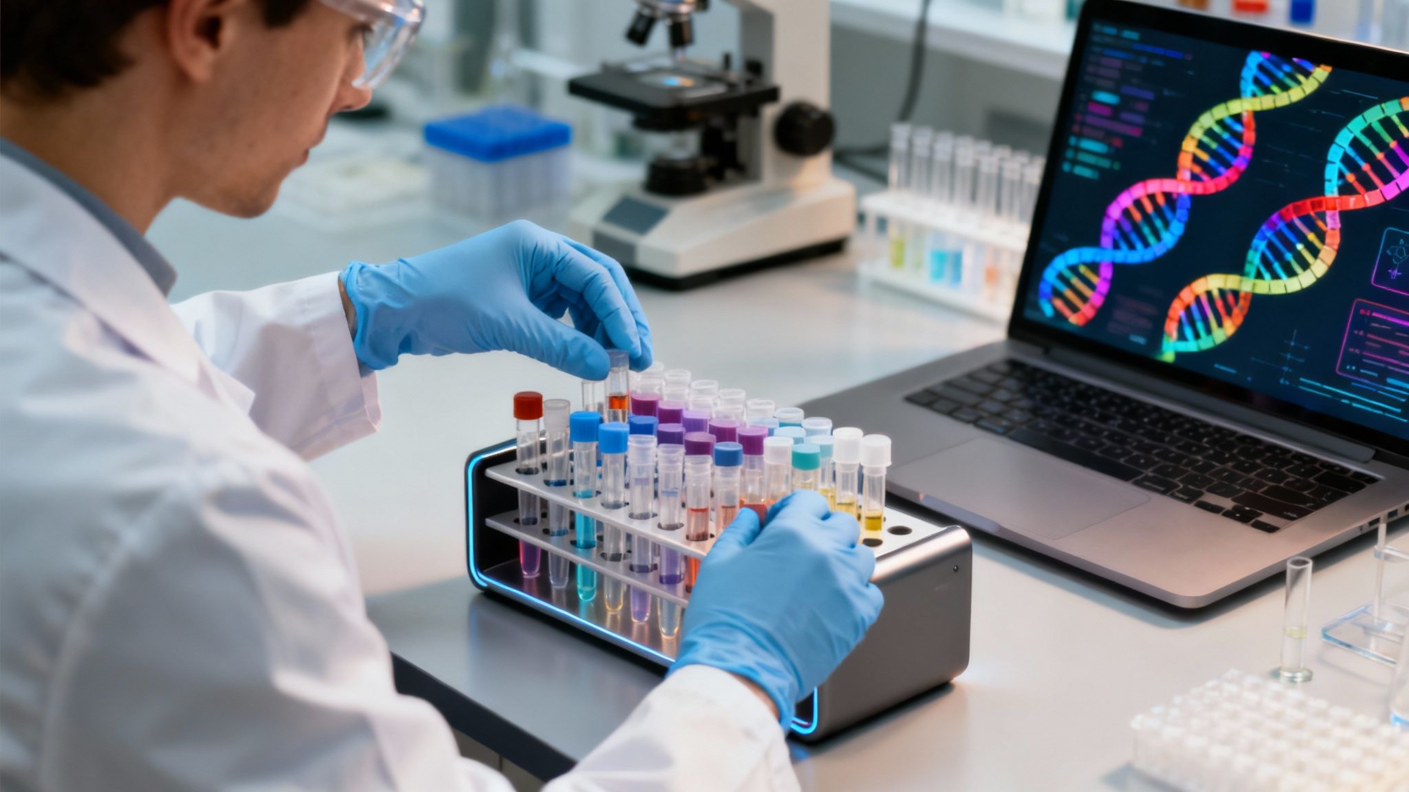 A scientist in a lab coat and blue gloves works with test tubes, a laptop shows DNA data.