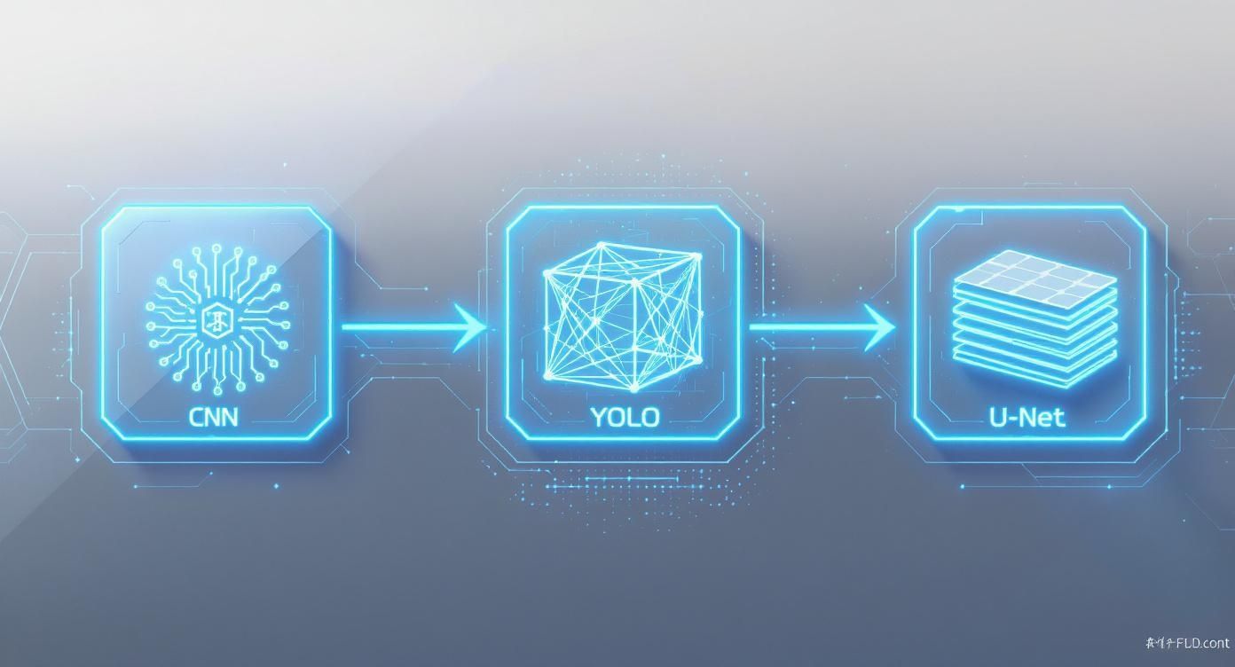 A digital infographic showcasing a sequence of computer vision algorithms: CNN, YOLO, and U-Net.